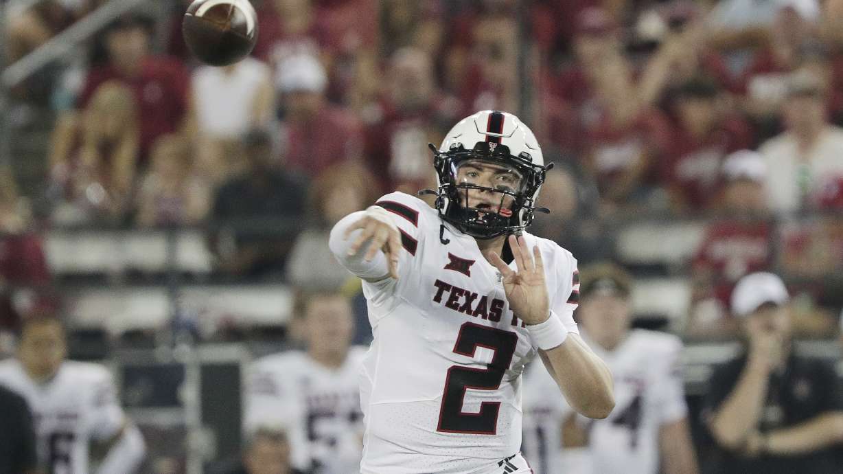 Texas Tech quarterback Behren Morton (2) throws a pass during the first half of an NCAA college football game against Washington State, Saturday, Sept. 7, 2024, in Pullman, Wash.
