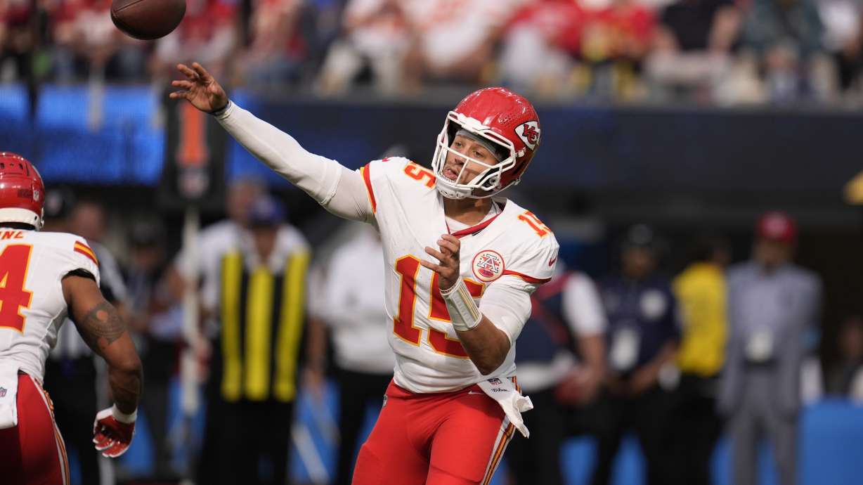 Kansas City Chiefs quarterback Patrick Mahomes throws during the second half of an NFL football game against the Los Angeles Chargers Sunday, Sept. 29, 2024, in Inglewood, Calif.