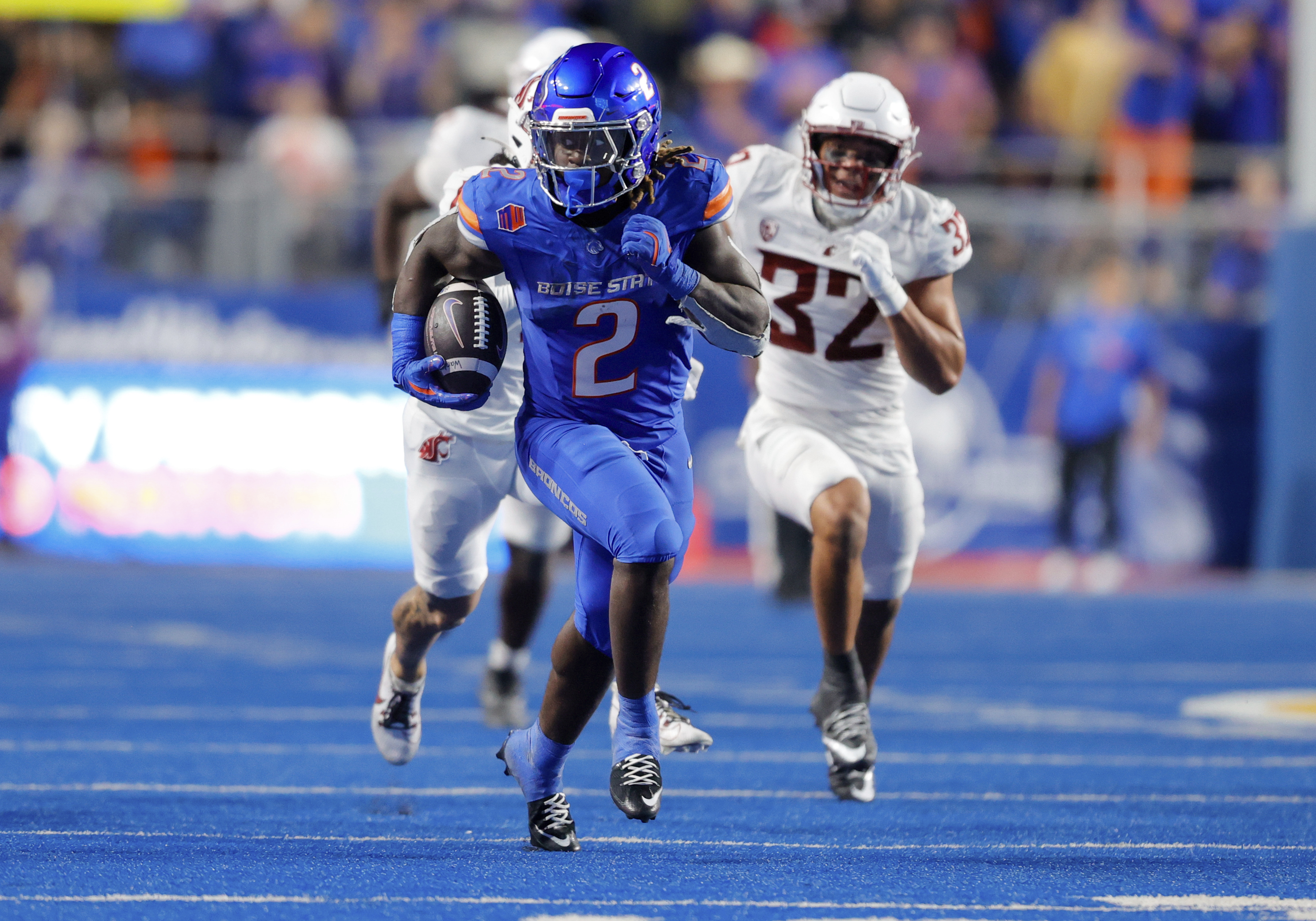 Boise State running back Ashton Jeanty (2) breaks away from the Washington State defense in the second half of an NCAA college football game, Saturday, Sept. 28, 2024, in Boise, Idaho.