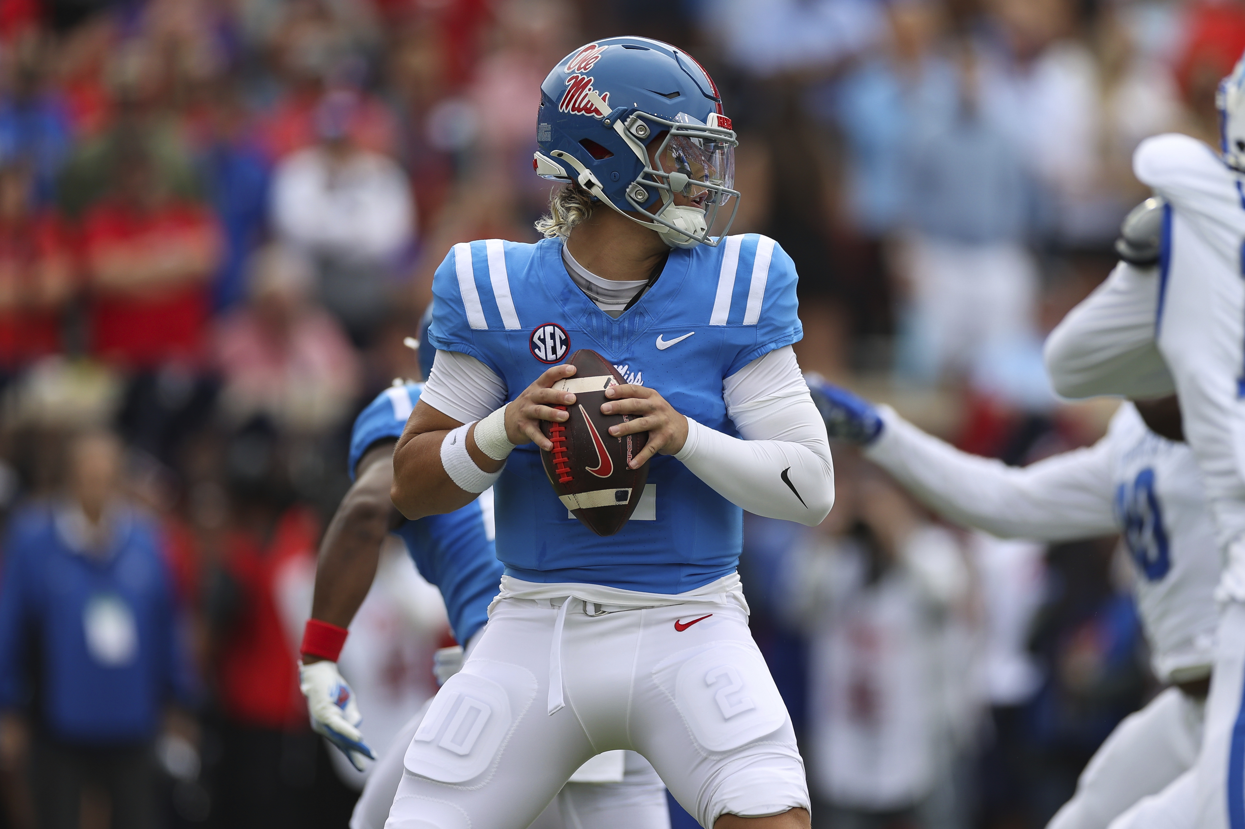 Mississippi quarterback Jaxson Dart (2) looks to throw the ball during the first half of an NCAA college football game against Kentucky Saturday, Sept. 28, 2024, in Oxford, Miss.