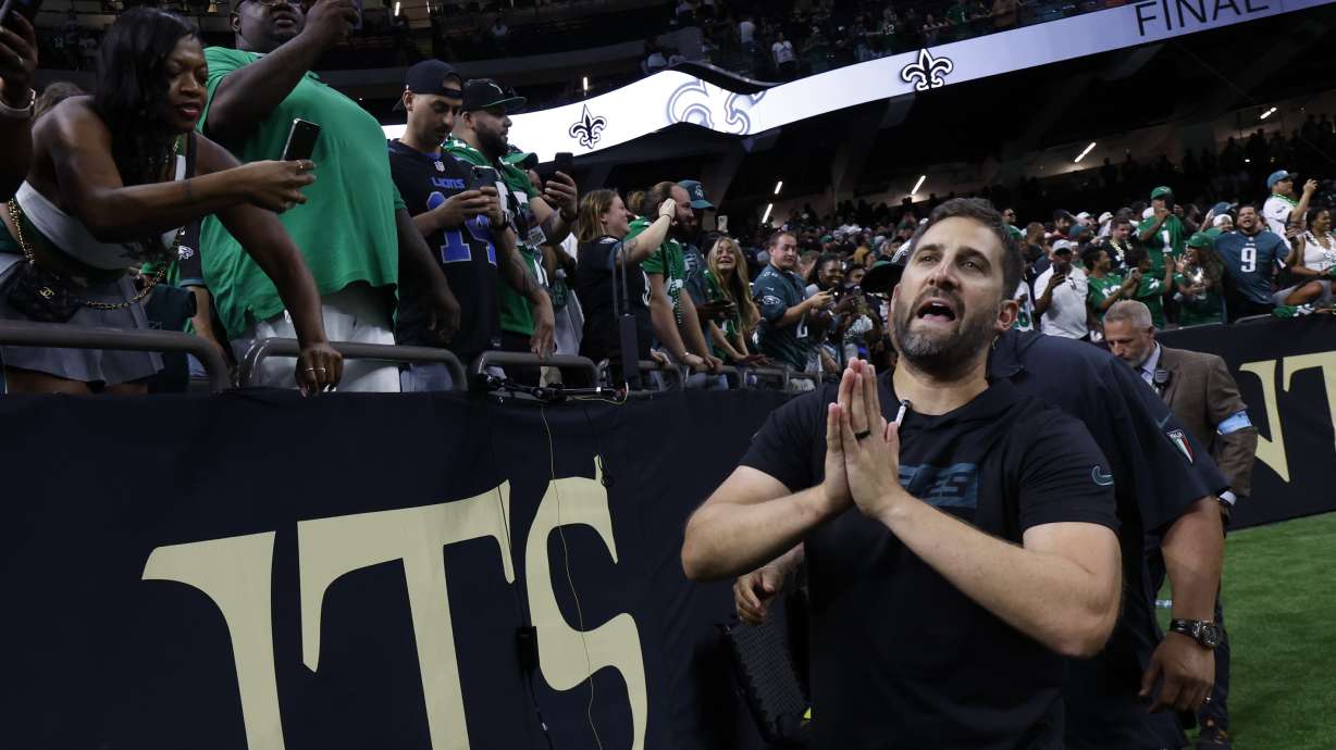 Philadelphia Eagles head coach Nick Sirianni leaves the field after a win over the New Orleans Saints in an NFL football game in New Orleans, Sunday, Sept. 22, 2024.