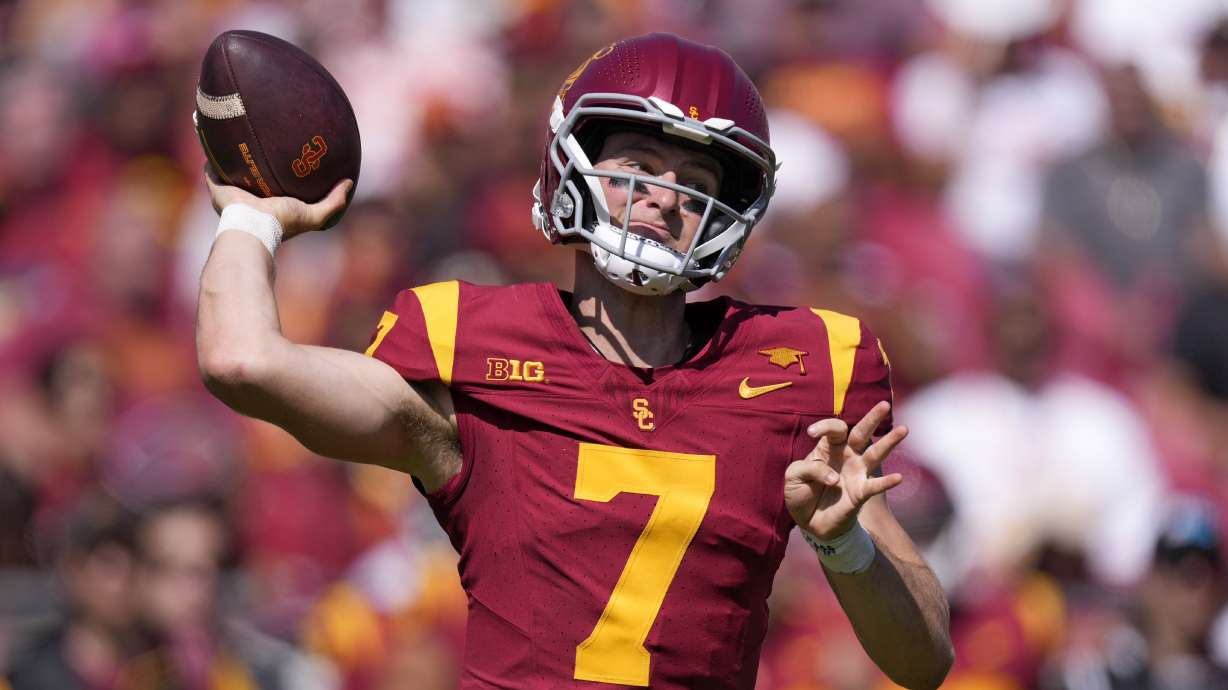 Southern California quarterback Miller Moss passes during the first half of an NCAA college football game against Wisconsin, Saturday, Sept. 28, 2024, in Los Angeles.