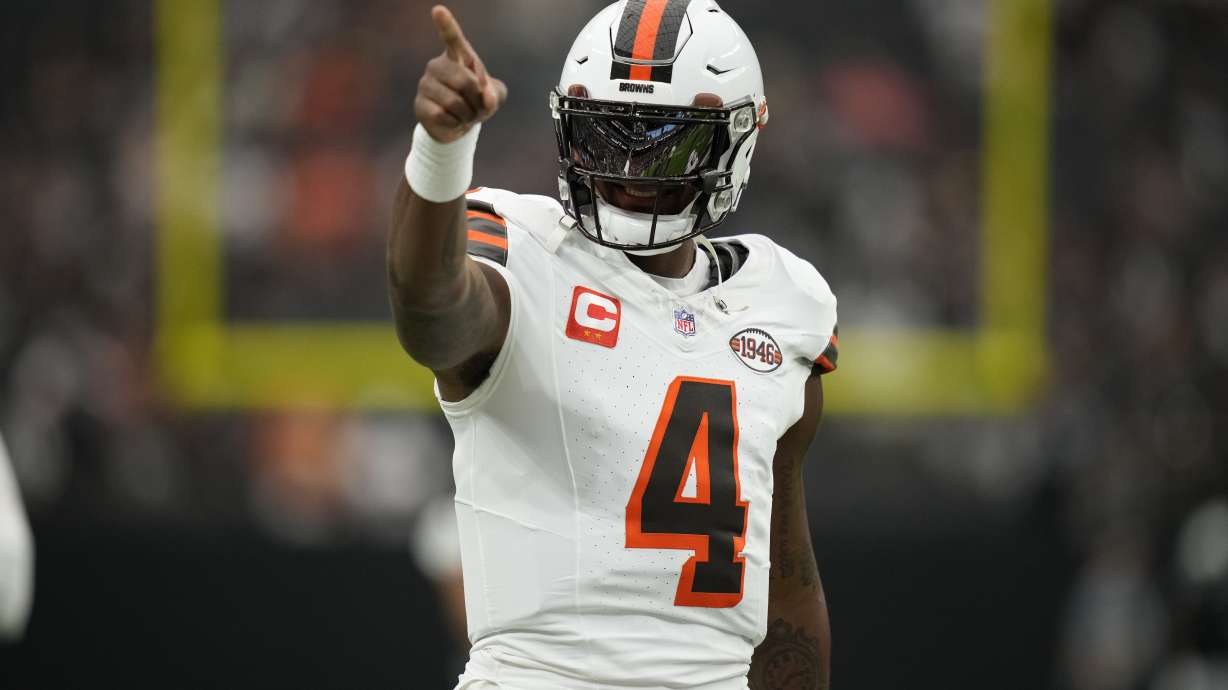 Cleveland Browns quarterback Deshaun Watson gestures before an NFL football game against the Las Vegas Raiders Sunday, Sept. 29, 2024, in Las Vegas.