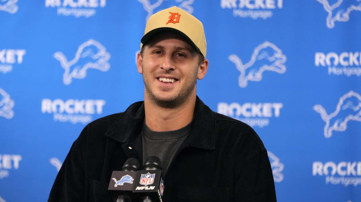 Detroit Lions quarterback Jared Goff addresses the media after an NFL football game against the Seattle Seahawks, Tuesday, Oct. 1, 2024, in Detroit.