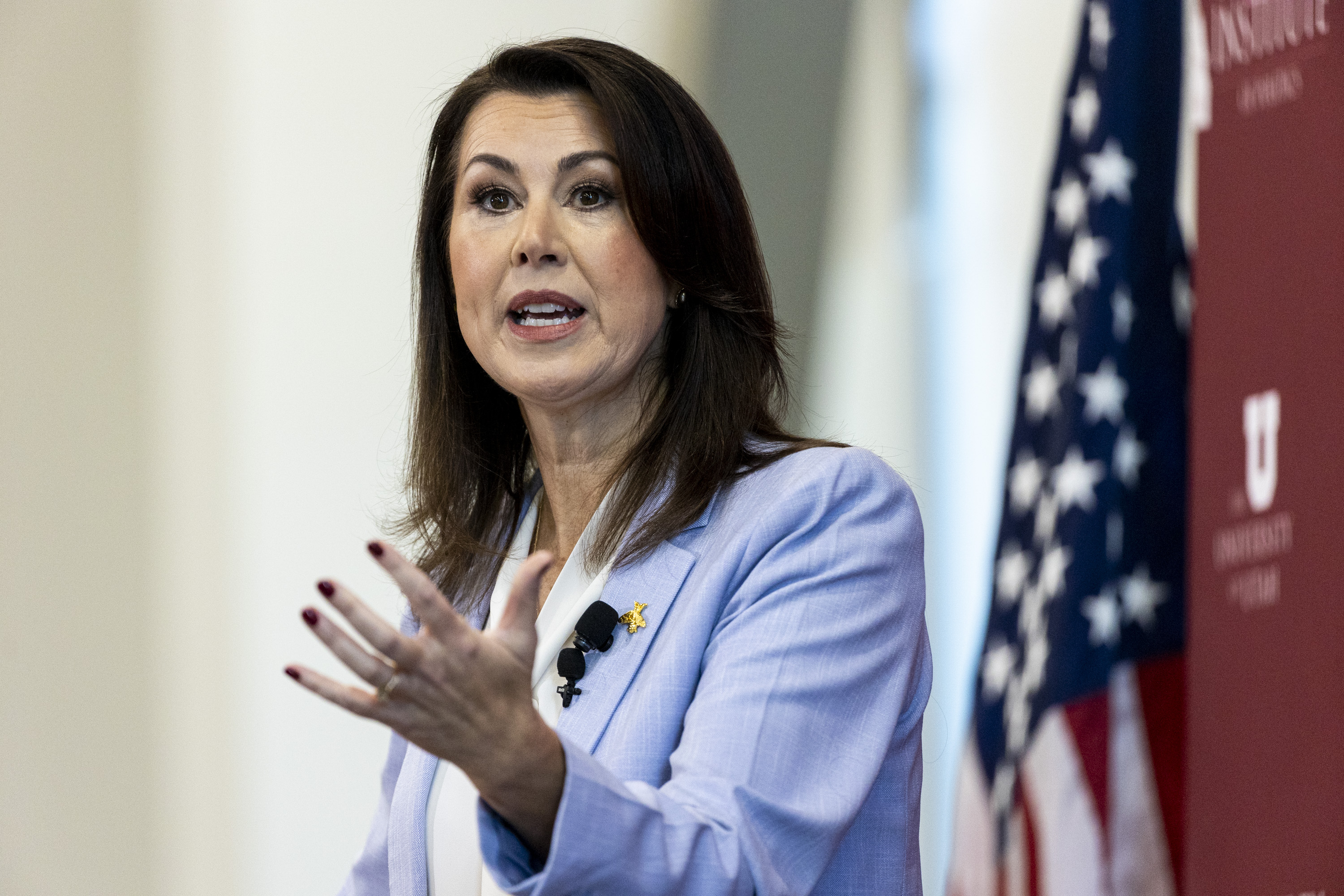 Utah Lt. Gov. Deidre Henderson answers a question at the Hinckley Institute of Politics on the campus of the University of Utah in Salt Lake City on Thursday.