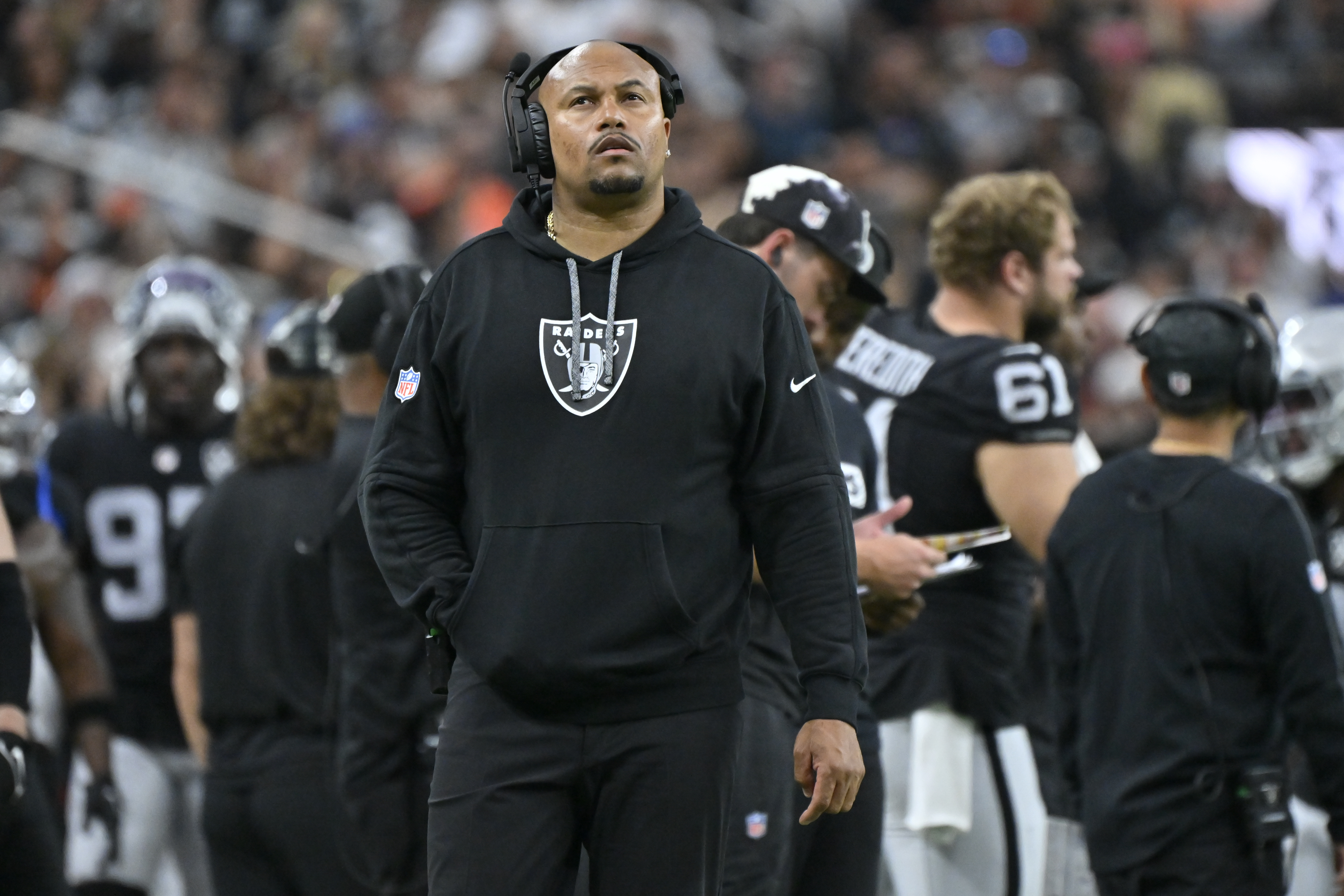 Las Vegas Raiders head coach Antonio Pierce looks on during the second half of an NFL football game against the Cleveland Browns Sunday, Sept. 29, 2024, in Las Vegas.