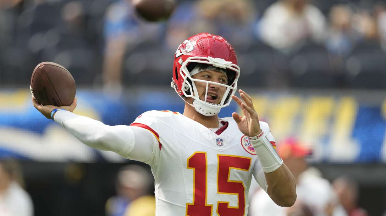 Kansas City Chiefs quarterback Patrick Mahomes warms up before the start of an NFL football game against the Los Angeles Chargers Sunday, Sept. 29, 2024, in Inglewood, Calif.