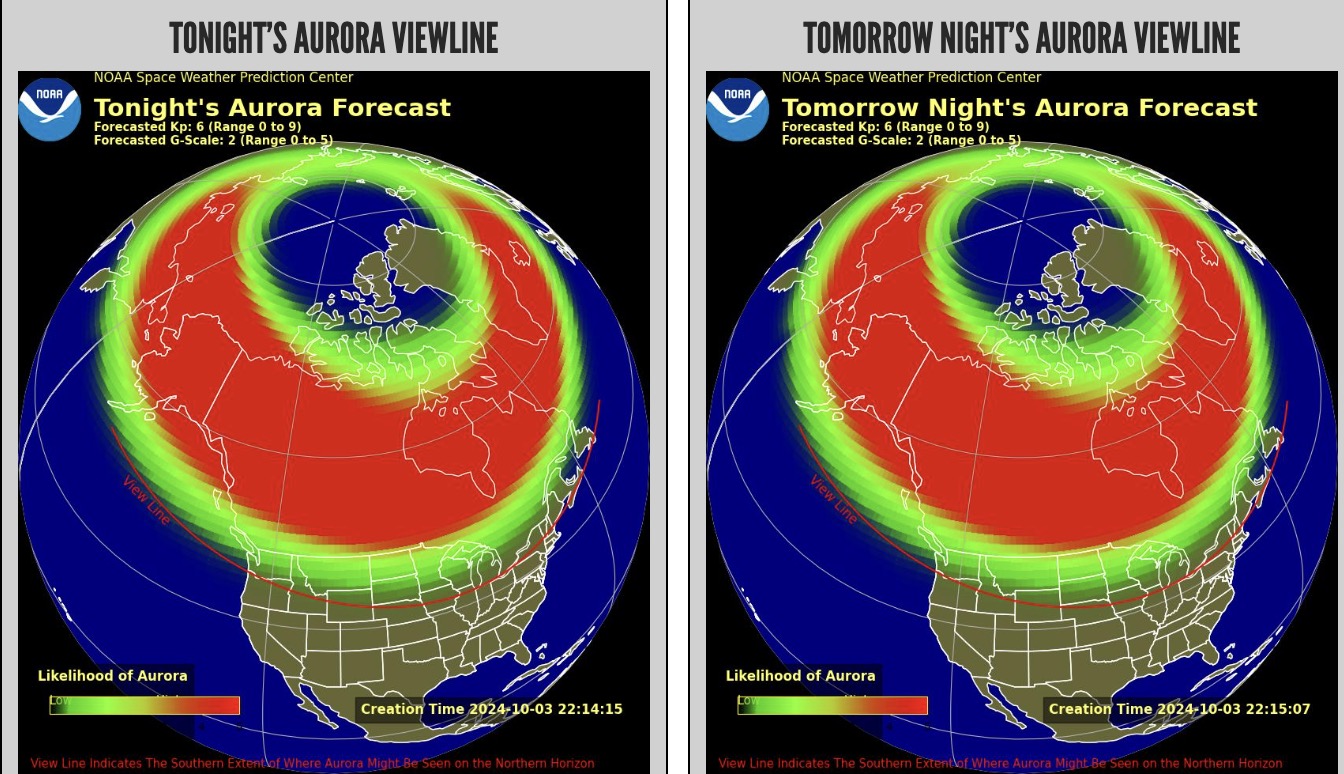 These maps show the probability of an aurora borealis in North America on Thursday and Friday nights.