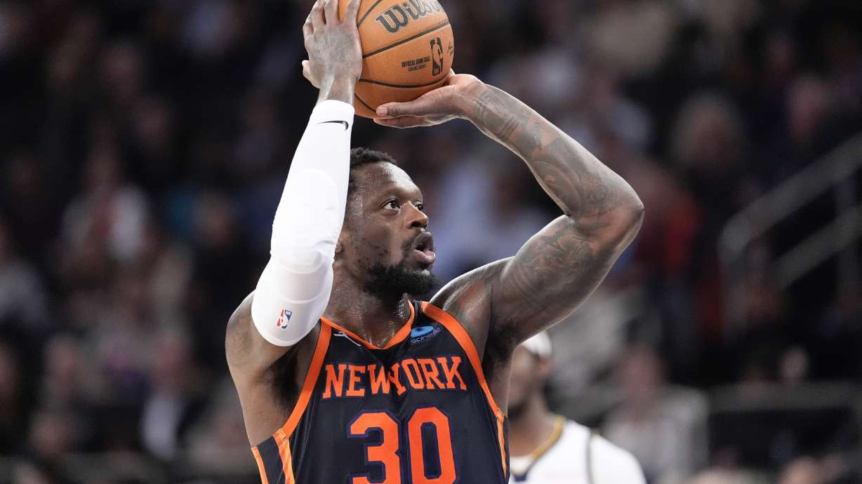 FILE - New York Knicks forward Julius Randle looks to shoot a free throw in the second half of an NBA basketball game against the Denver Nuggets, on Jan. 25, 2024, at Madison Square Garden in New York.