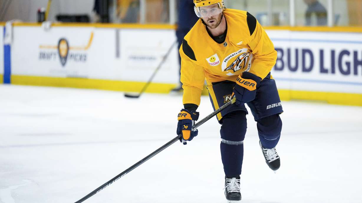 Nashville Predators forward Jonathan Marchessault (81) skates with the puck during NHL hockey training camp Thursday, Sept. 19, 2024, in Nashville, Tenn.