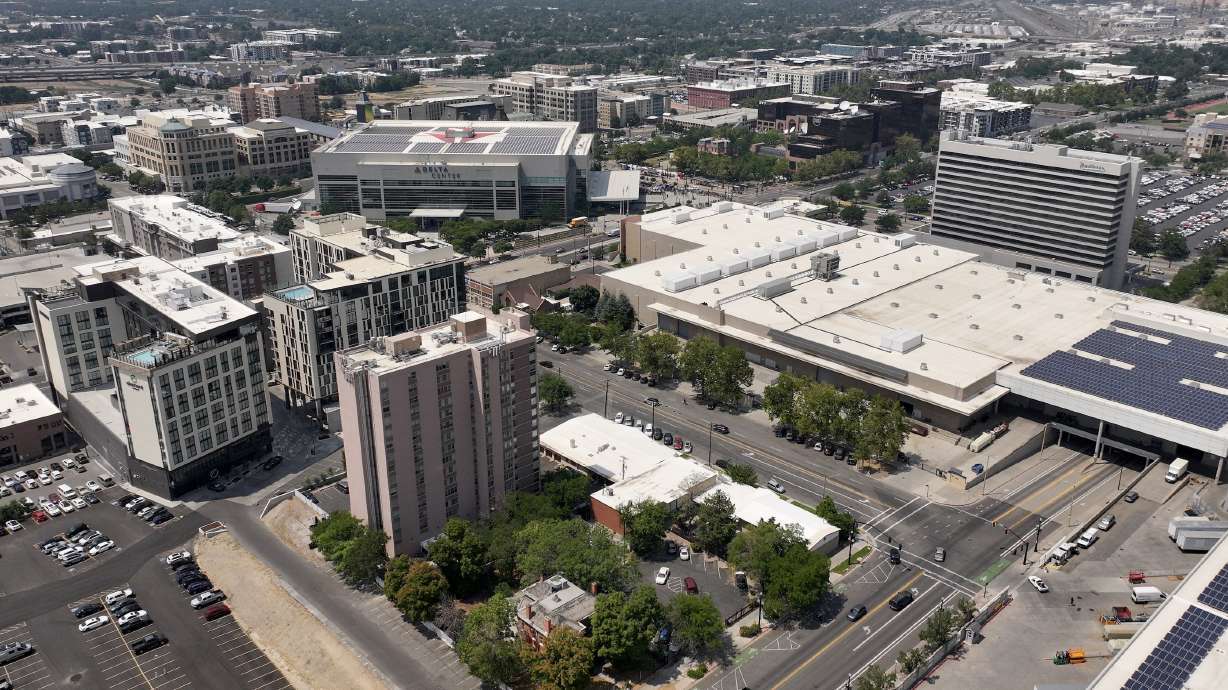 The Salt Palace Convention Center is pictured near the Delta Center Salt Lake City on July 31. Former Salt Lake City Mayor Rocky Anderson said Friday he won't pursue a referendum on the city's recent partnership agreement with Smith Entertainment Group and a 0.5% sales tax increase.