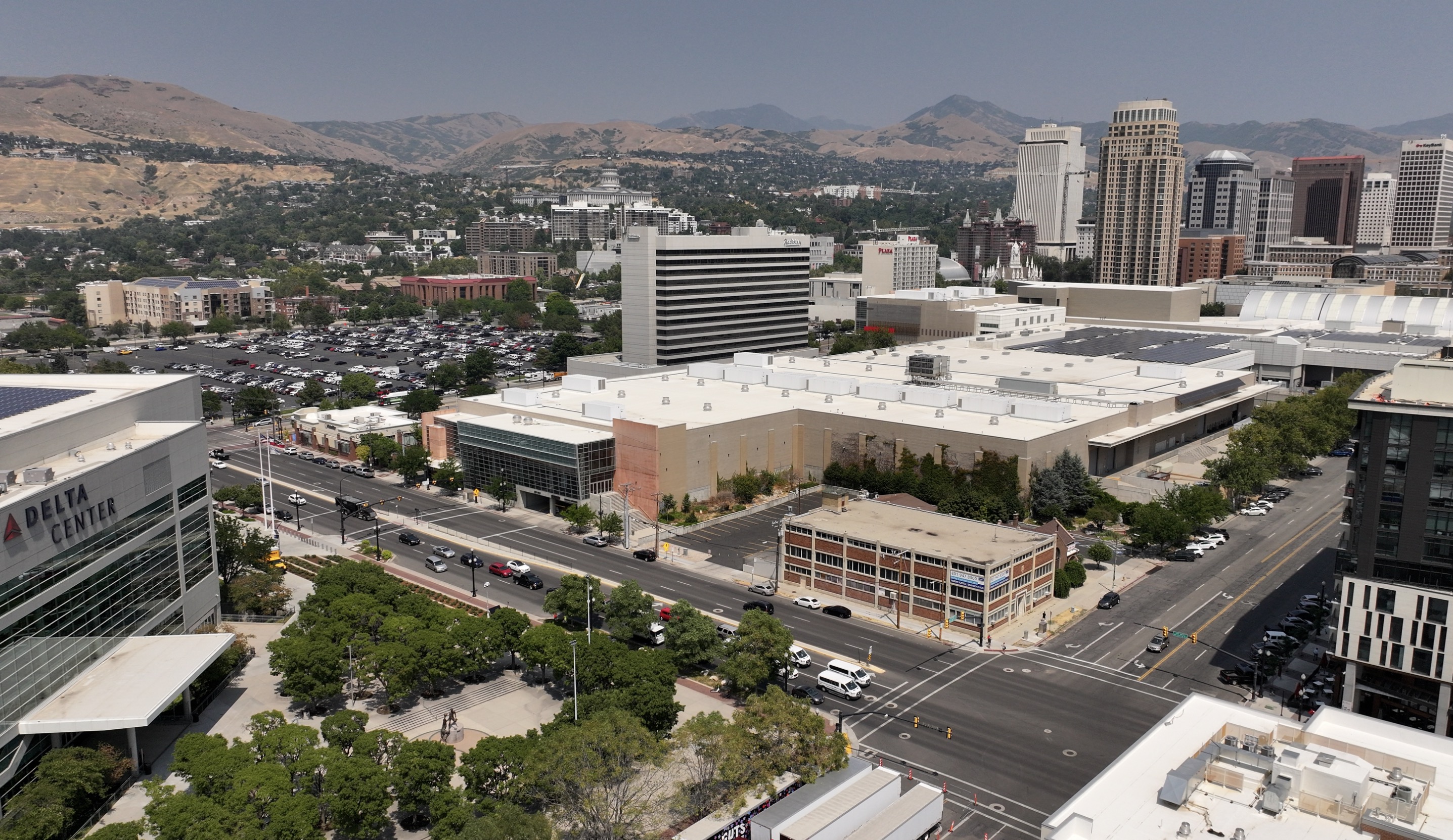 The Salt Palace Convention Center is pictured near the Delta Center in Salt Lake City on July 31. Smith Entertainment Group is seeking a lease of the two blocks east of the arena, including the Salt Palace, as part of its plan for downtown.