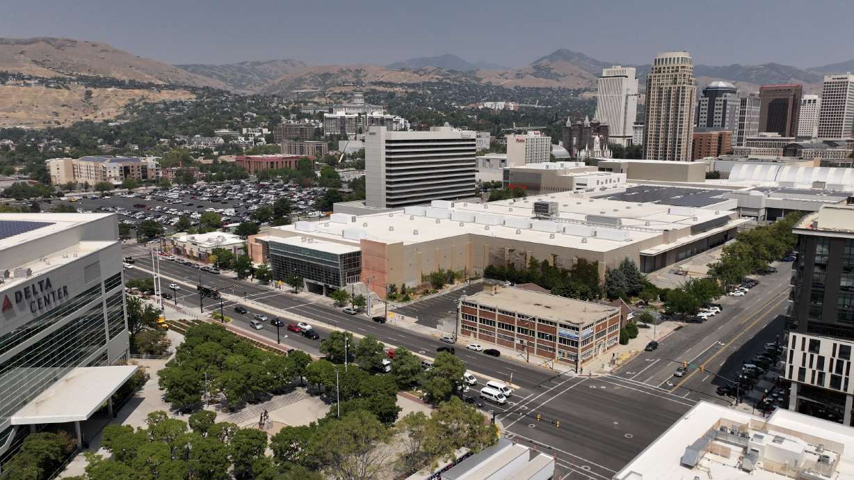 The Salt Palace Convention Center is pictured near the Delta Center in Salt Lake City on July 31. Smith Entertainment Group is seeking a lease of the two blocks east of the arena, including the Salt Palace, as part of its plan for downtown.