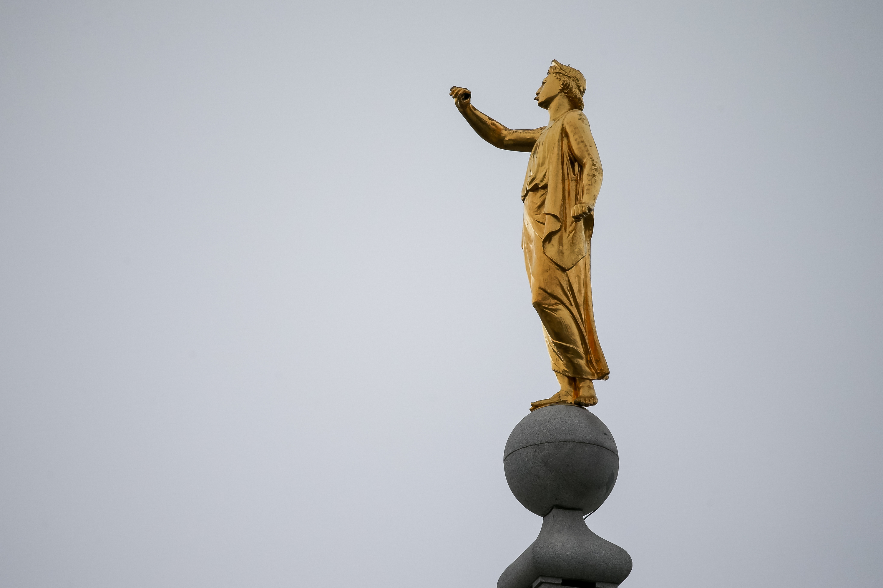 The Angel Moroni statue atop the Salt Lake Temple of The Church of Jesus Christ of Latter-day Saints lost its trumpet after a 5.7 magnitude earthquake centered in Magna hit early on March 18, 2020.