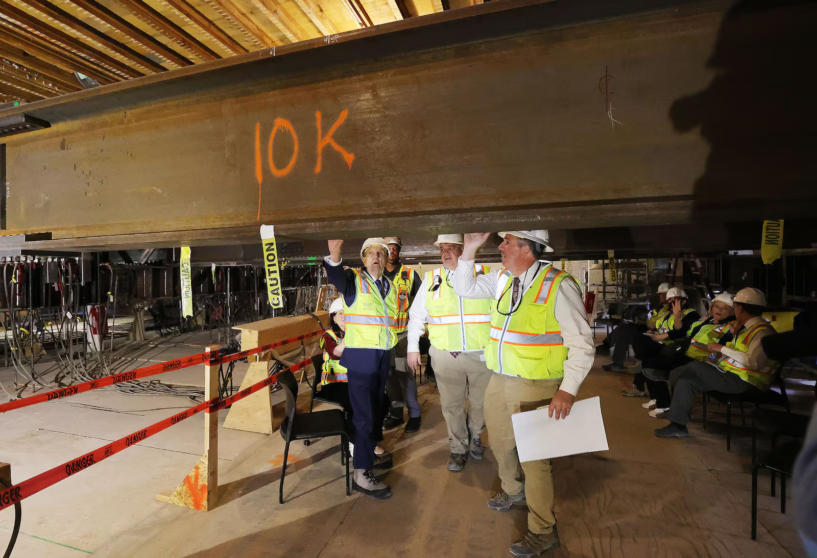 President Russell M. Nelson, of The Church of Jesus Christ of Latter-day Saints, tours the renovation work at the Salt Lake Temple in Salt Lake City on May 22, 2021. With him are Brent Roberts, center, managing director of the church's Special Projects Department, and Andy Kirby, right, director of historic temple renovations.