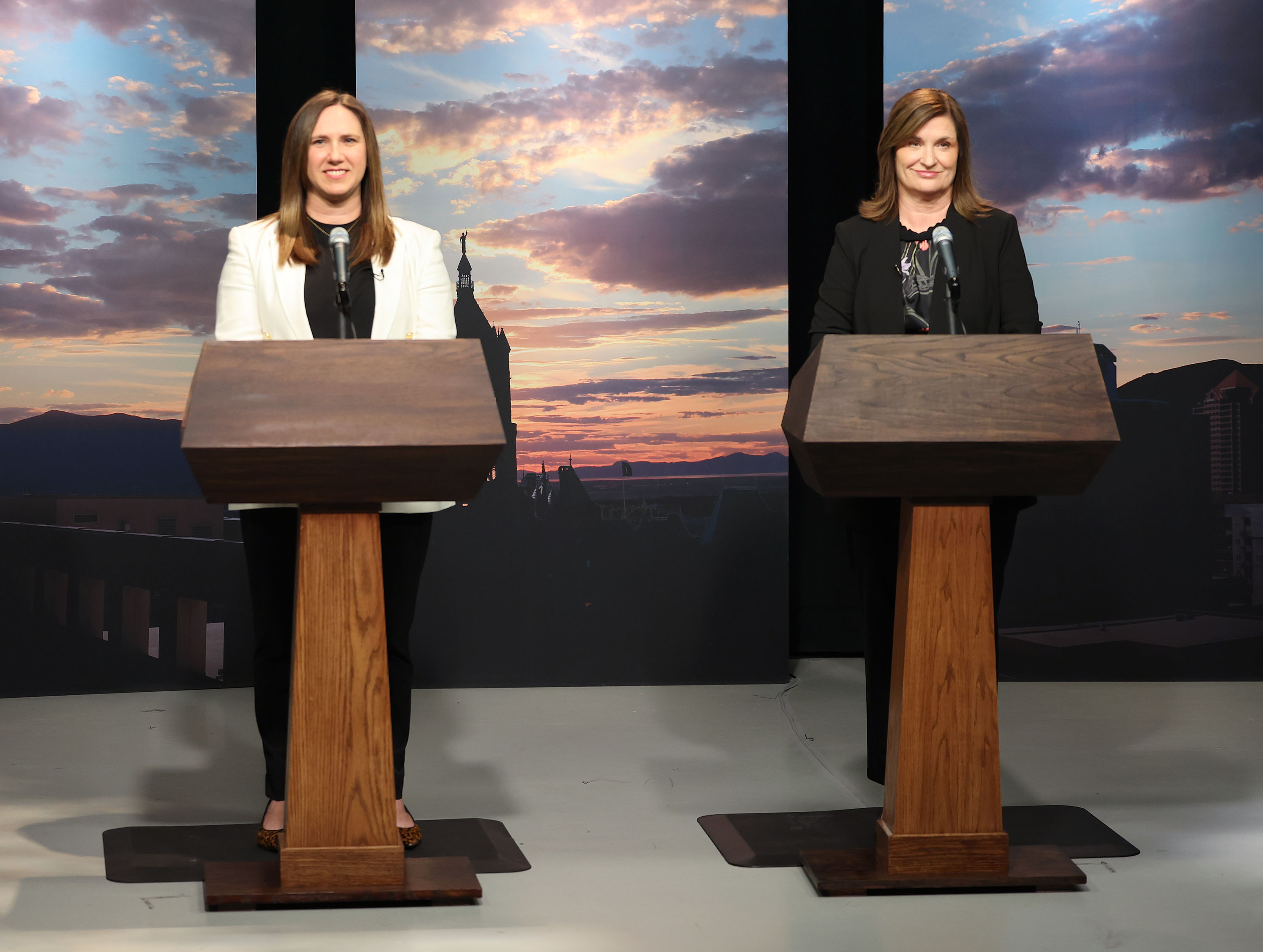 Salt Lake County Mayor Jenny Wilson, right, and challenger Erin Rider are introduced during the Salt Lake County mayoral debate at the University of Utah’s Eccles Broadcast Center in Salt Lake City on Thursday.