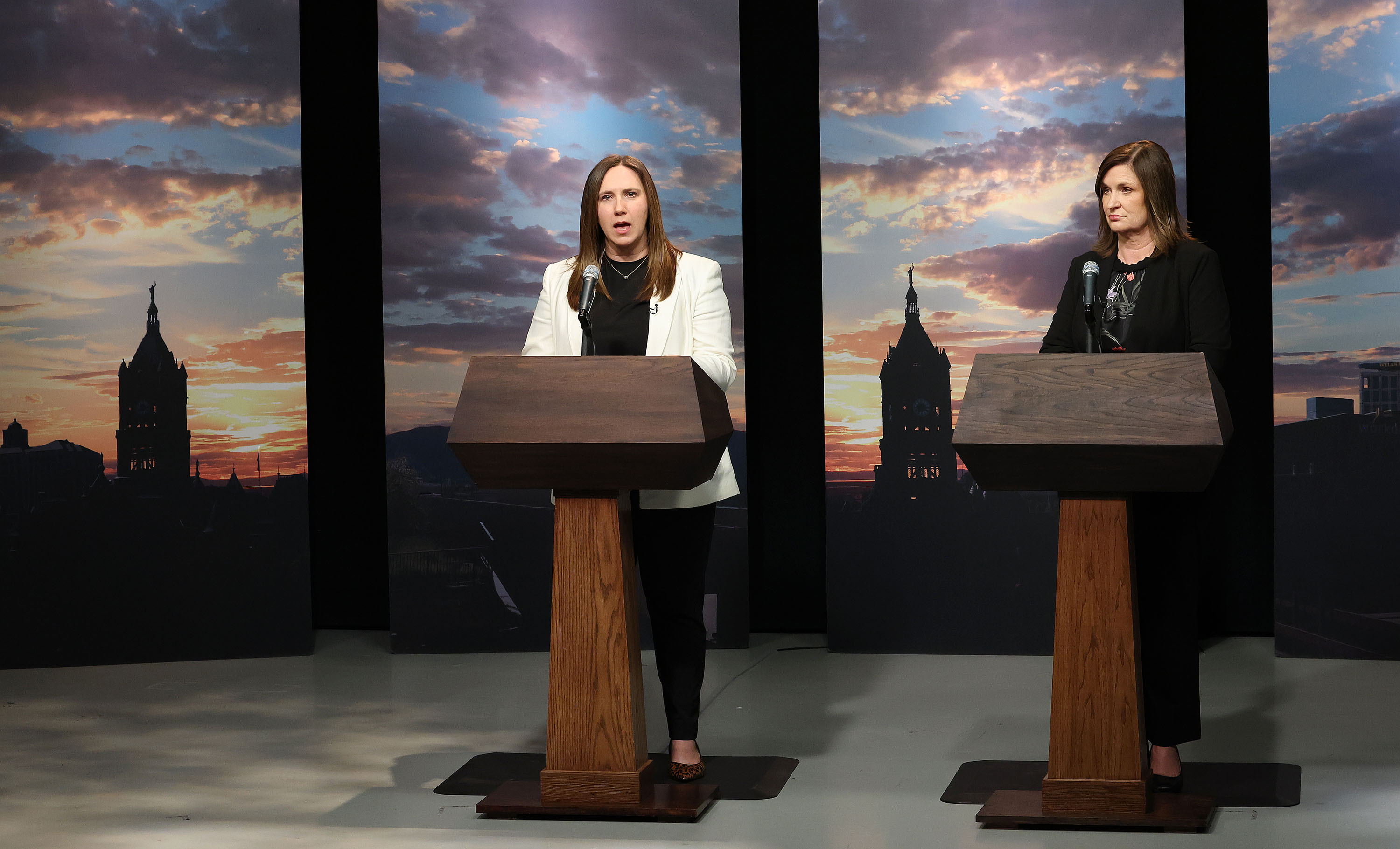Salt Lake County Mayor Jenny Wilson, right, and challenger Erin Rider debate during the Salt Lake County mayoral debate at the University of Utah’s Eccles Broadcast Center in Salt Lake City on Thursday. - Jeffrey D. Allred, Deseret News