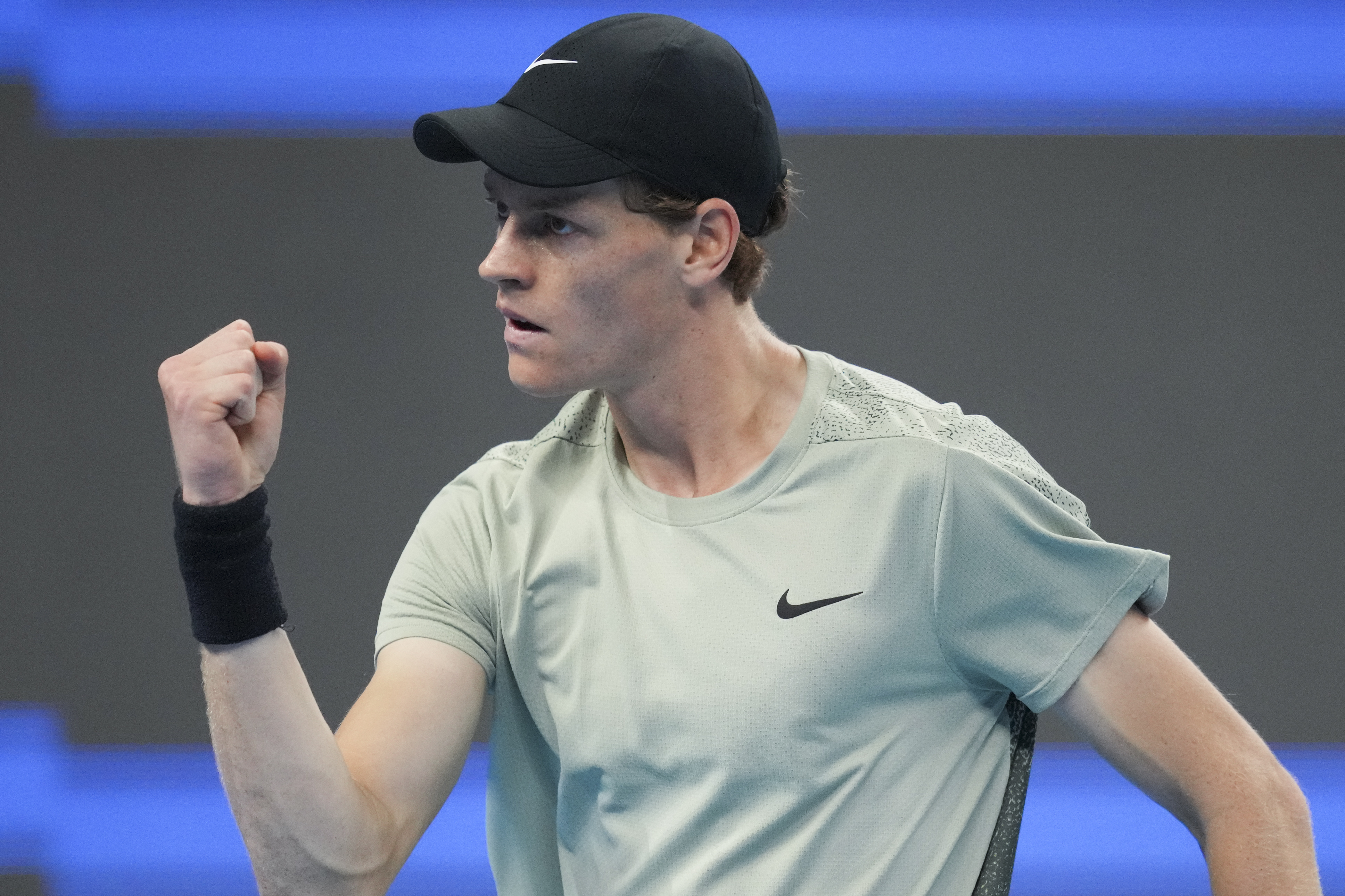 Jannik Sinner of Italy gestures during their men's singles finals match against Carlos Alcaraz of Spain at the China Open tennis tournament, National Tennis Center in Beijing, Wednesday, Oct. 2, 2024.