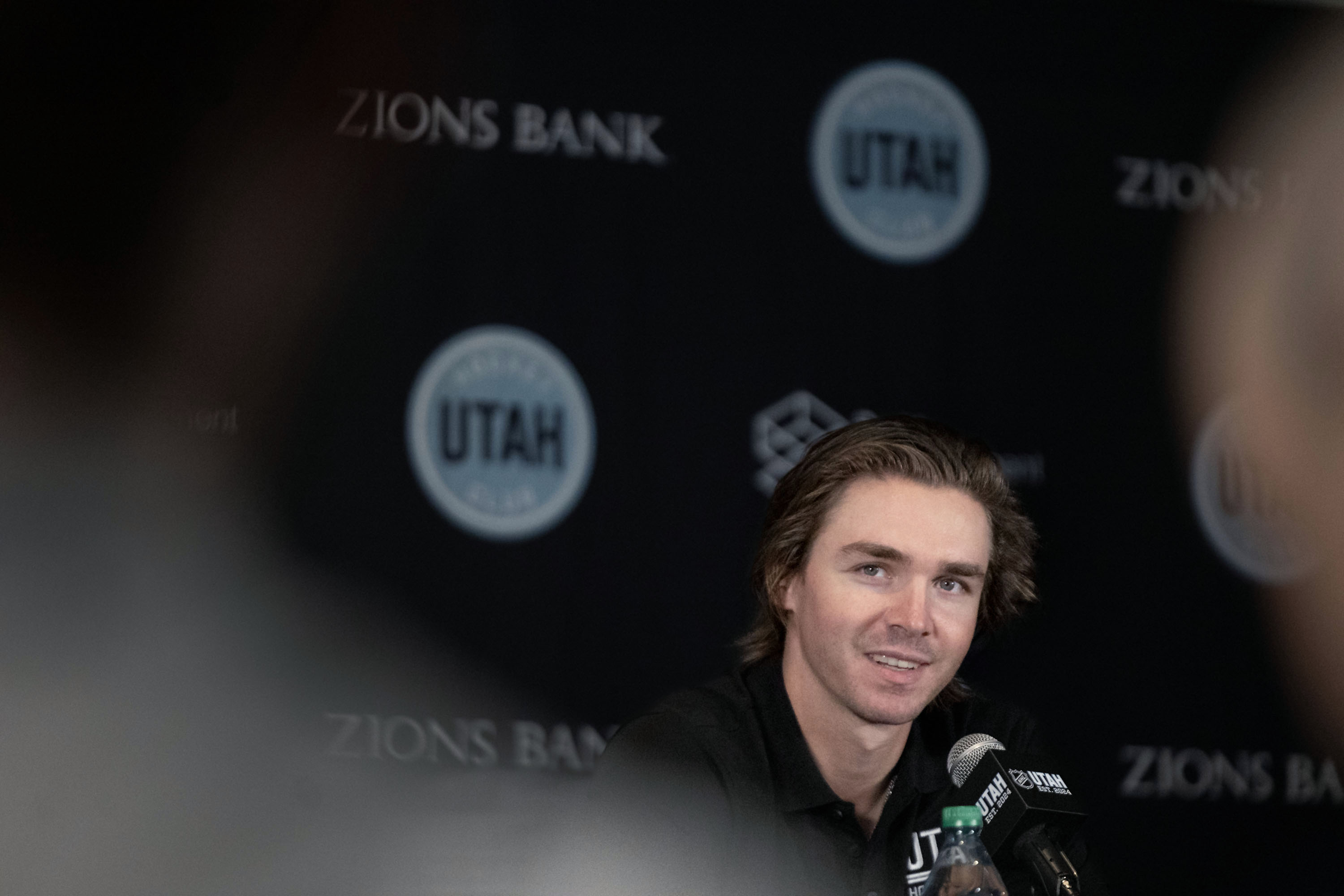 Utah Hockey Club player Clayton Keller speaks to the media at the Delta Center in Salt Lake City on Wednesday, Sept. 18, 2024.