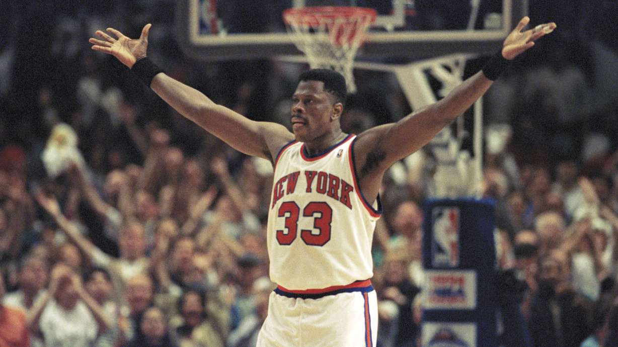 FILE - New York Knicks center Patrick Ewing pumps up the fans crowded into New York's Madison Square Garden in New York, May 22, 1994.