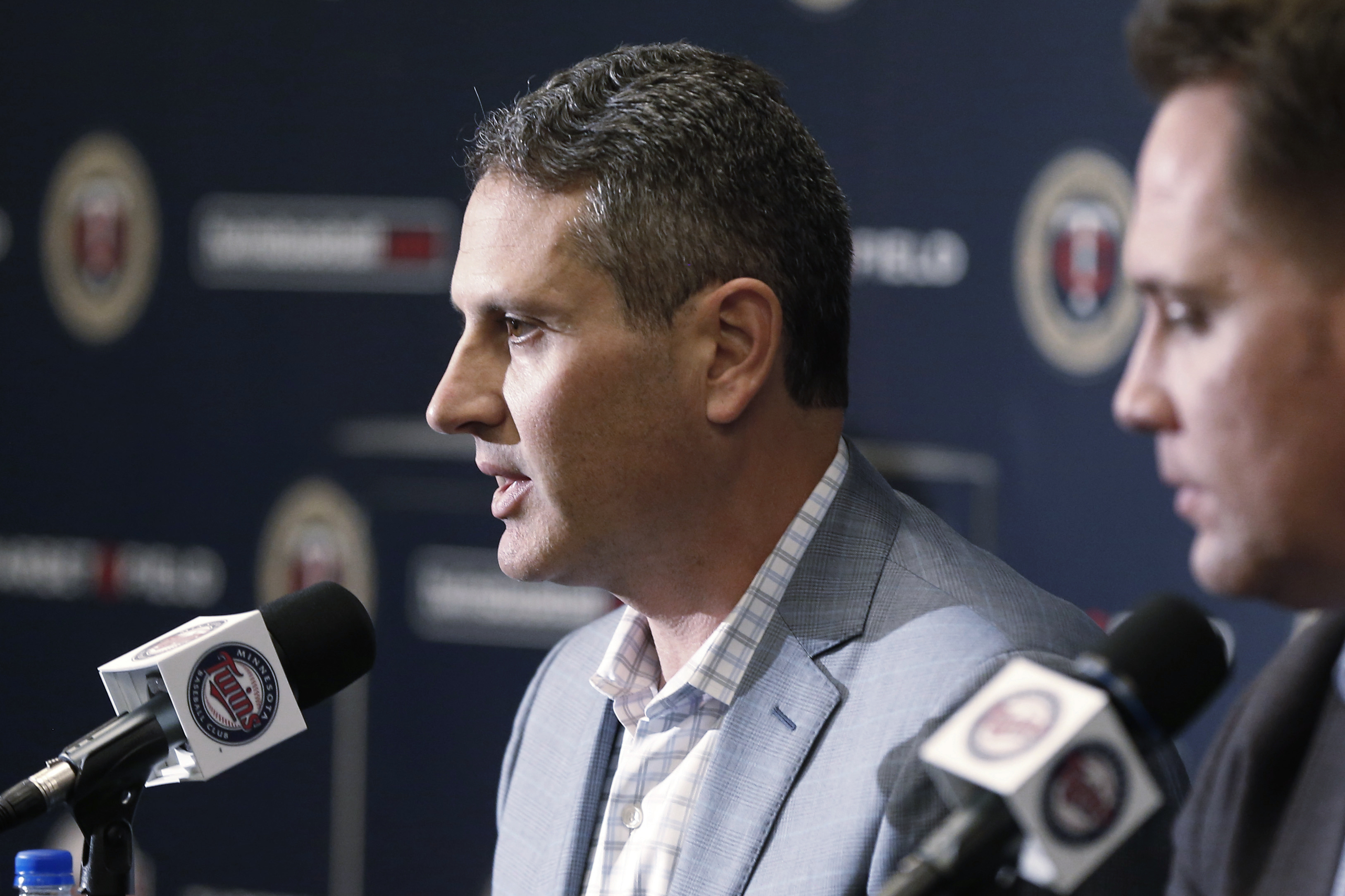 FILE - Minnesota Twins general manager Thad Levine answers a question during a baseball news conference, Oct.2, 2018, in Minneapolis.