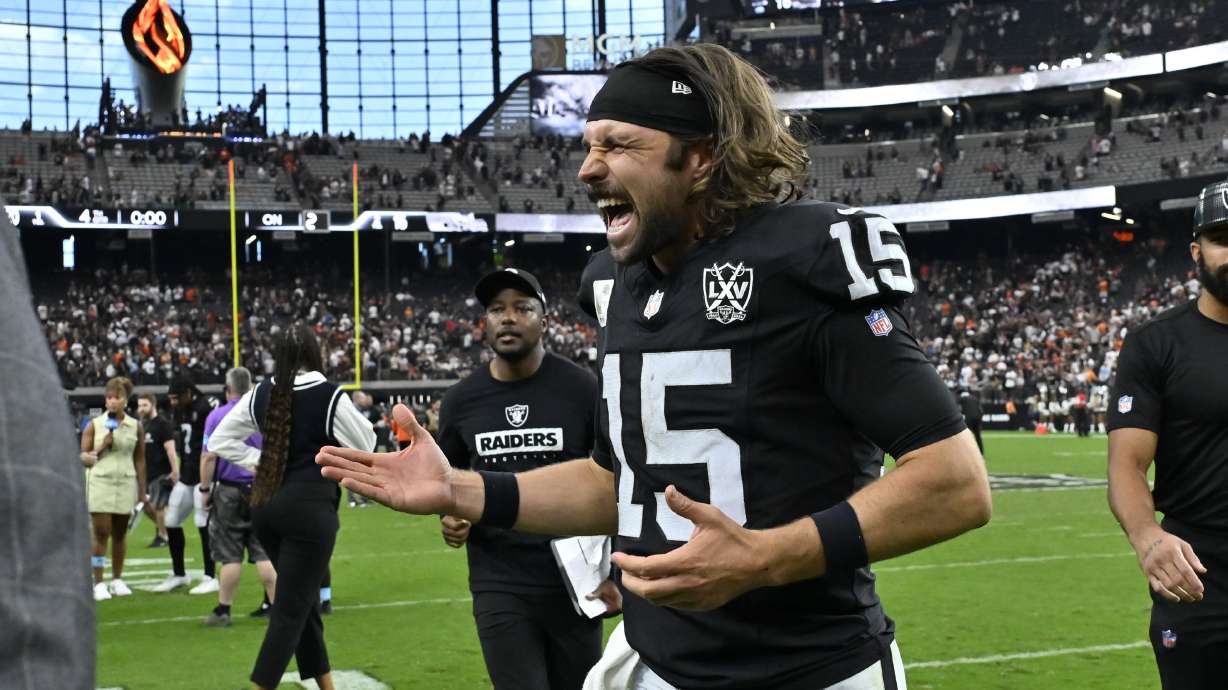 Las Vegas Raiders quarterback Gardner Minshew celebrates after the Raiders defeated the Cleveland Browns during in an NFL football game Sunday, Sept. 29, 2024, in Las Vegas.