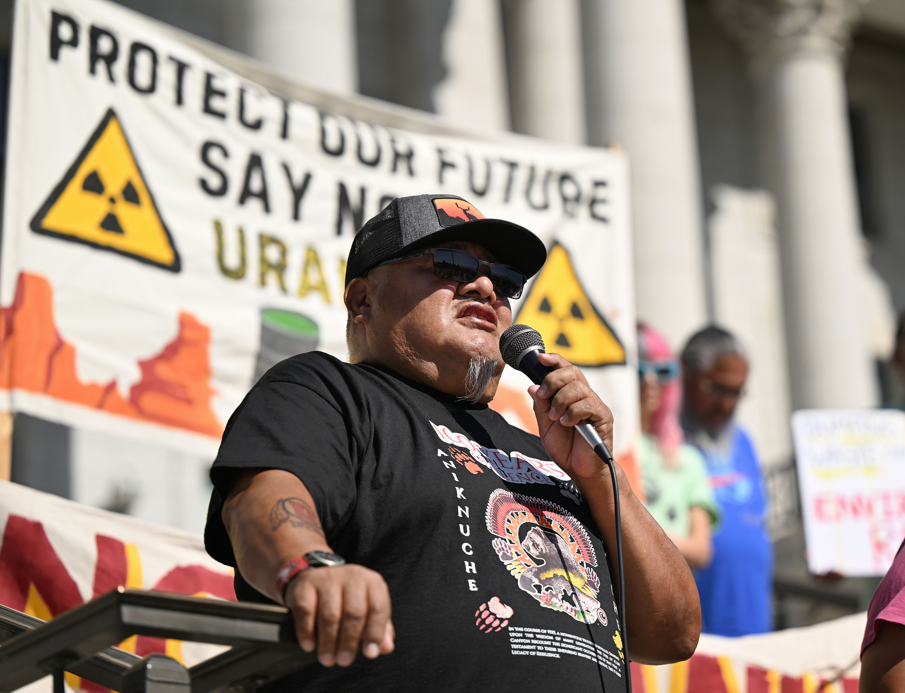 Malcolm Lehi, Ute Mountain Ute White Mesa council representative, expresses his feelings as he and other members of the White Mesa Ute community rally at the Capitol in Salt Lake City to protect their health, environment and cultural heritage from Energy Fuels Resources’ White Mesa uranium mill on Friday.