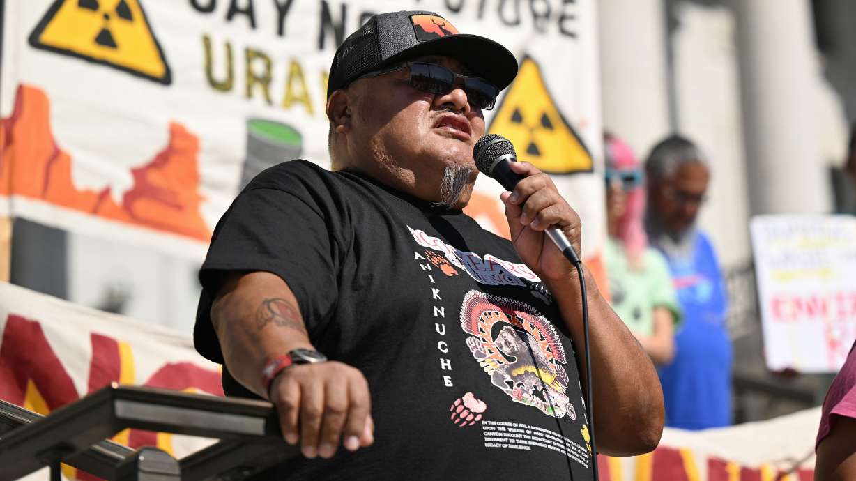 Malcolm Lehi, Ute Mountain Ute White Mesa council representative, expresses his feelings as he and other members of the White Mesa Ute community rally at the Capitol in Salt Lake City to protect their health, environment and cultural heritage from Energy Fuels Resources’ White Mesa uranium mill on Friday.