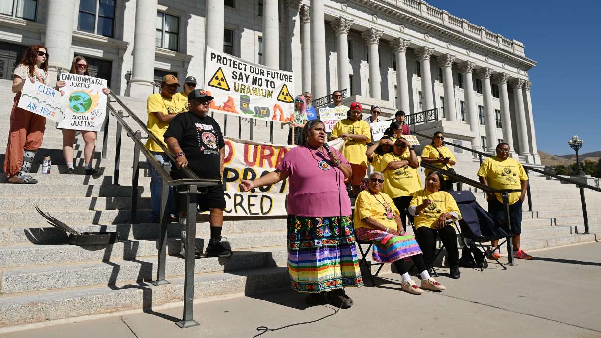 Yolanda Badback at the Capitol in Salt Lake City on Oct. 4, 2024, where she spoke against the White Mesa Mill near Blanding, which processes uranium ore. Navajo Nation reps reached an accord allowing ore transit to the mill, to Badback's chagrin.