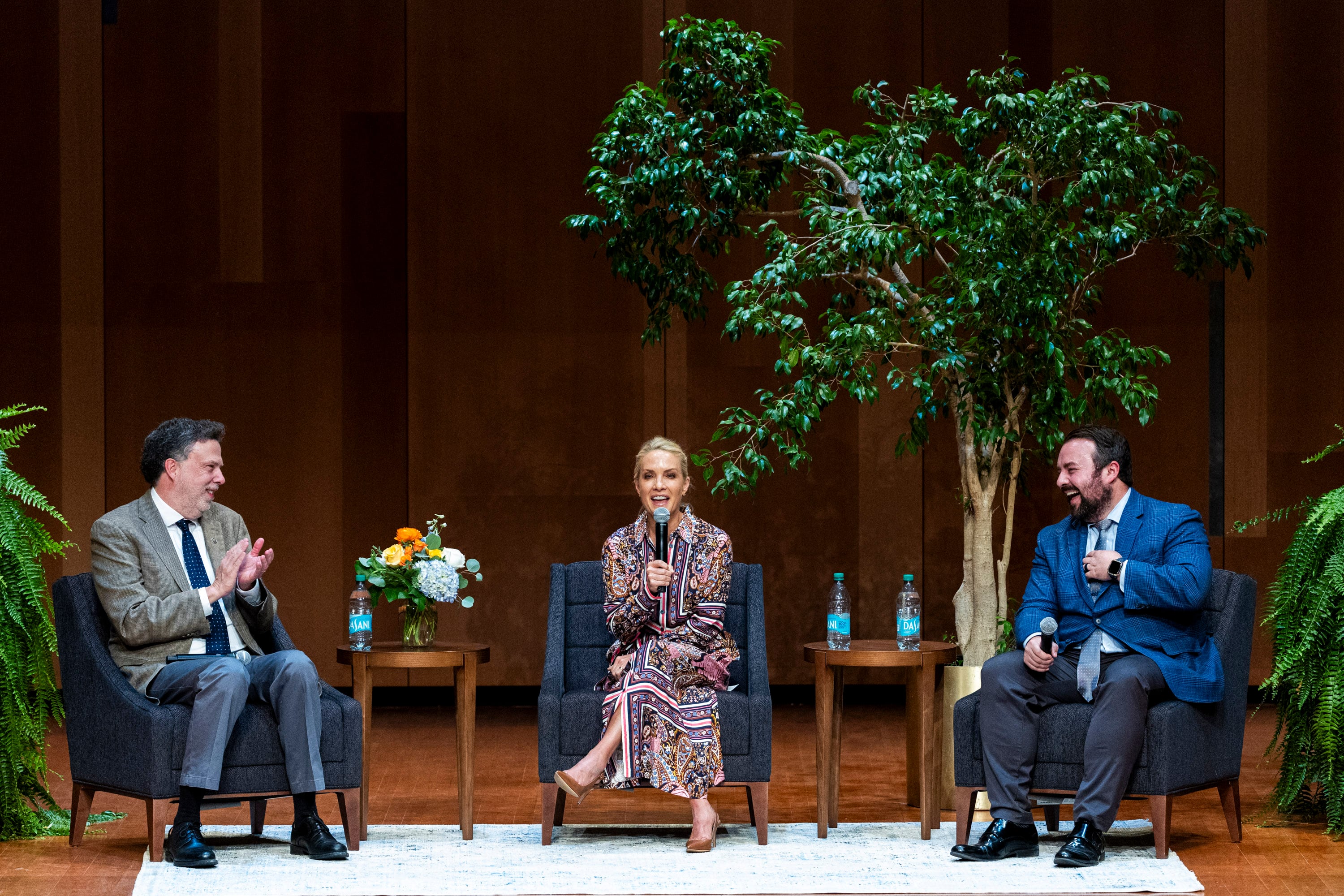 Dana Perino, Fox News anchor and host and former White House press secretary who served under President George W. Bush, speaks as she’s joined by Joseph P. Ward, dean of the College of Humanities and Social Sciences at Utah State University, left, and Matt Whitlock, former spokesman for Sen. Orrin Hatch, R-Utah, right, during a symposium titled “Freedom of Speech: Improving Civil Dialogue on College Campuses” at the Caine Performance Hall on the campus of Utah State University in Logan on Friday.