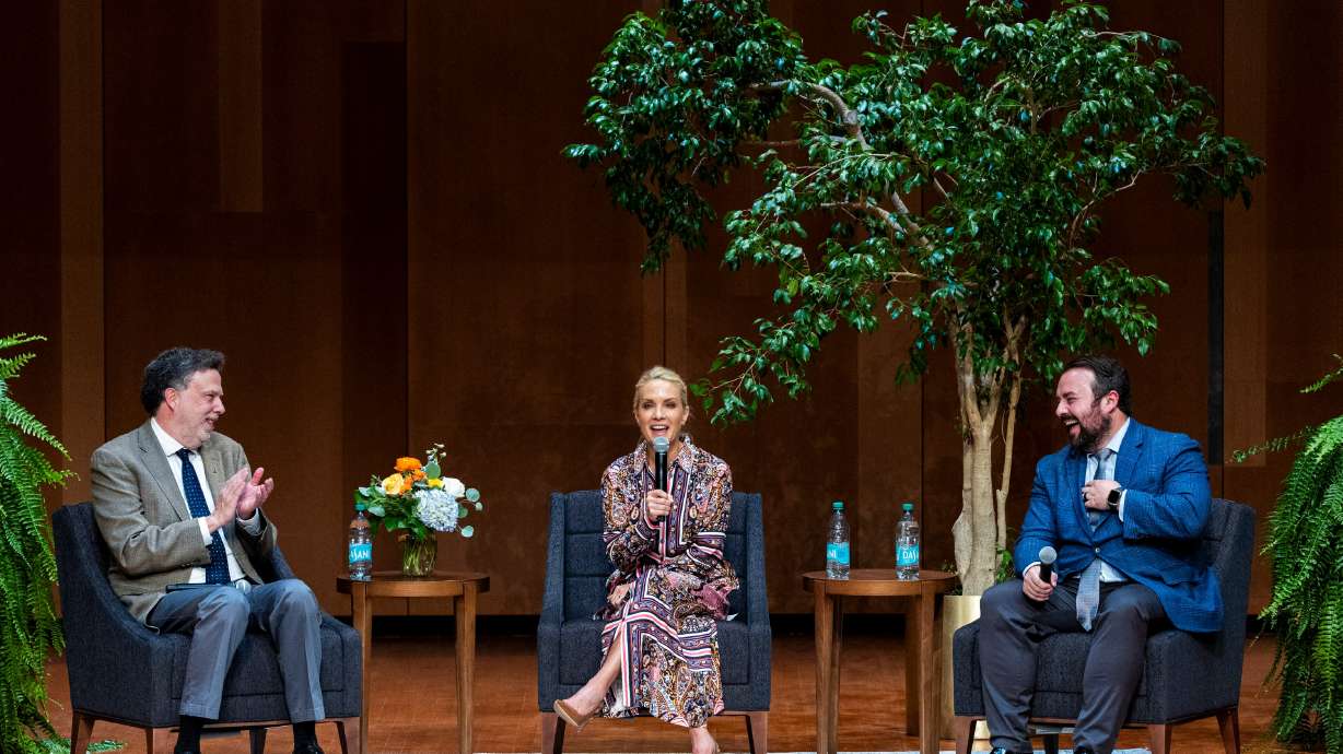Dana Perino, Fox News anchor and host and former White House press secretary who served under President George W. Bush, speaks as she’s joined by Joseph P. Ward, dean of the College of Humanities and Social Sciences at Utah State University, left, and Matt Whitlock, former spokesman for Sen. Orrin Hatch, R-Utah, right, during a symposium titled “Freedom of Speech: Improving Civil Dialogue on College Campuses” at the Caine Performance Hall on the campus of Utah State University in Logan on Friday.