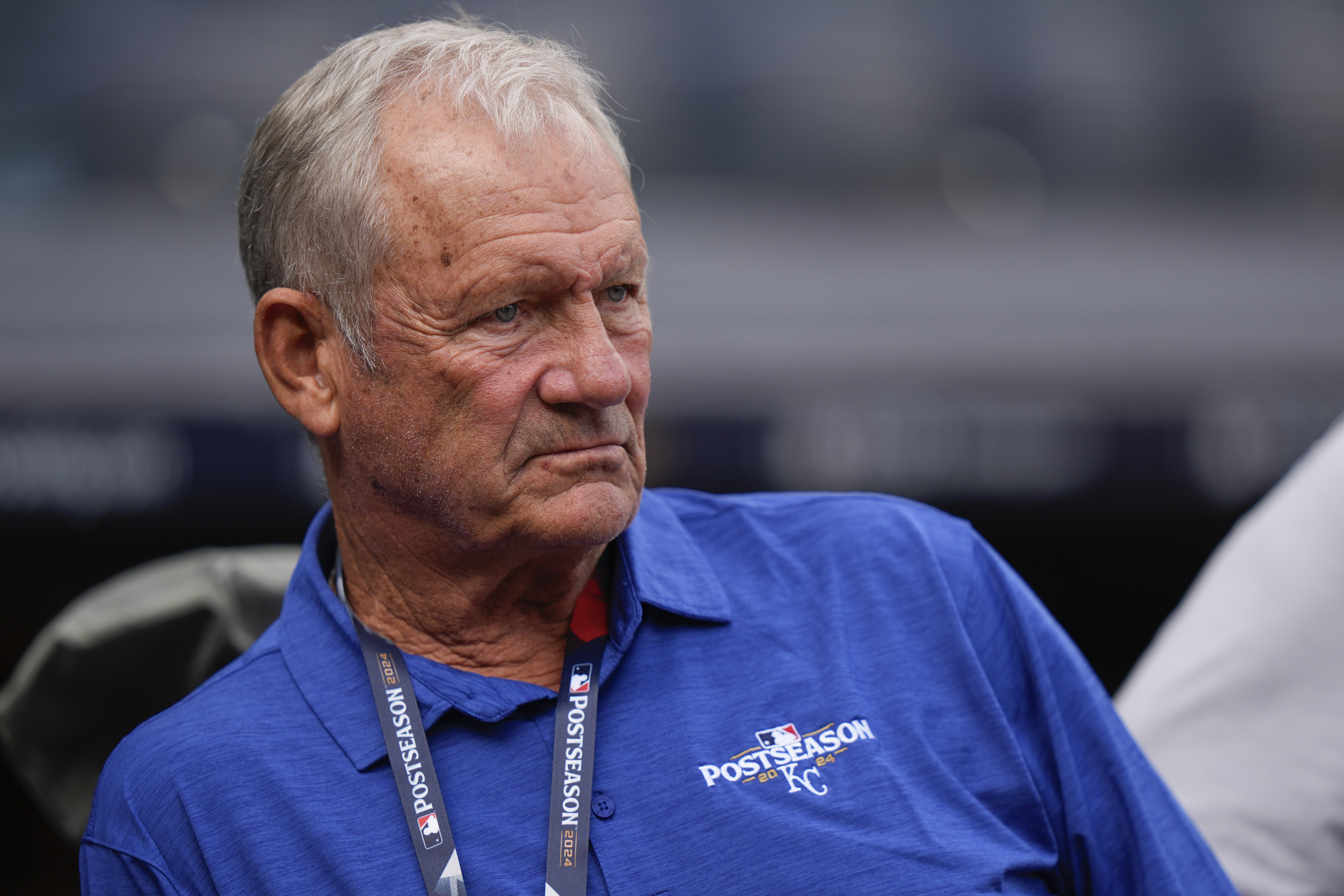 George Brett, Kansas City Royals Hall of Fame infielder and vice president of baseball operations, watches the team work out ahead of an American League Division series baseball game against the New York Yankees, Friday, Oct. 4, 2024, in New York.