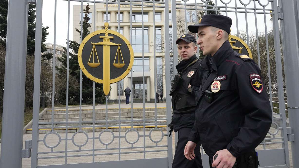 Police officers guard the Moscow City Court entrance, in Moscow, Russia, April 17, 2023.