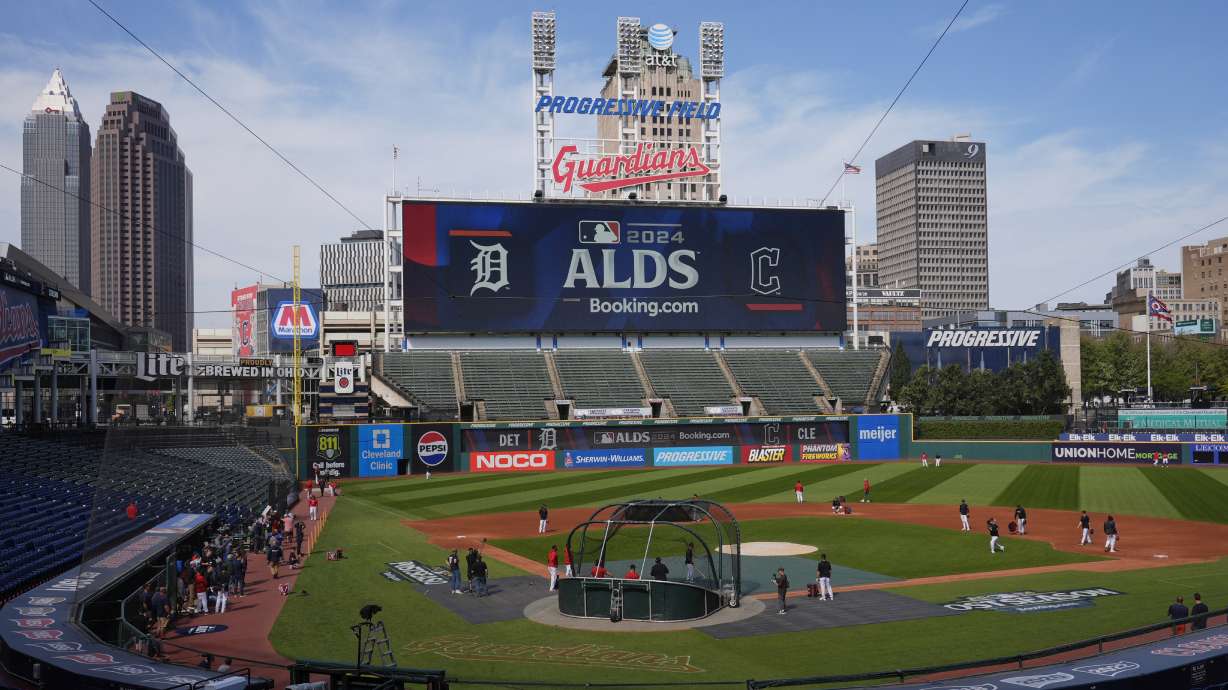 The Cleveland Guardians hold a baseball workout in Cleveland, Friday, Oct. 4, 2024, in preparation for the American League Division Series against the Detroit Tigers.