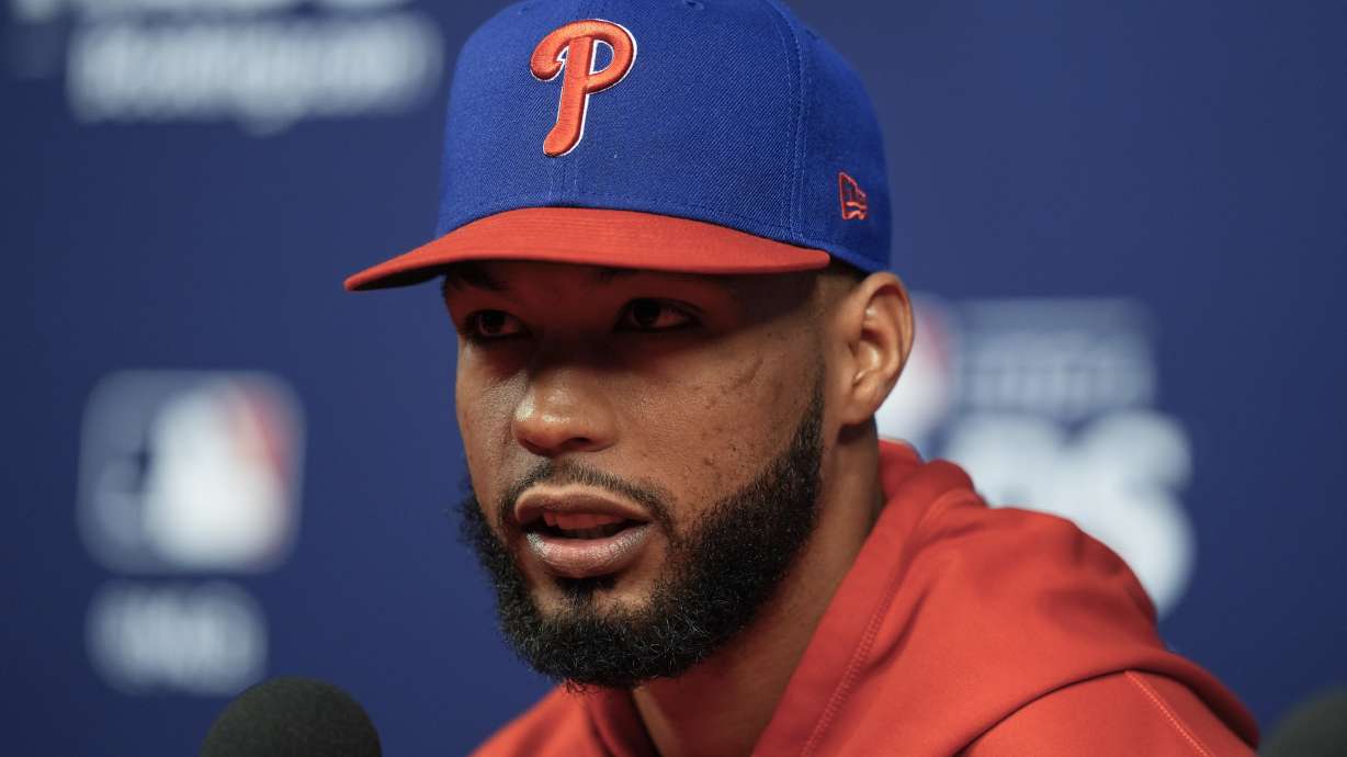 Philadelphia Phillies' Cristopher Sánchez speaks with members of the media ahead of Game 1 of a baseball NL Division Series against the New York Mets, Saturday, Oct. 5, 2024, in Philadelphia.