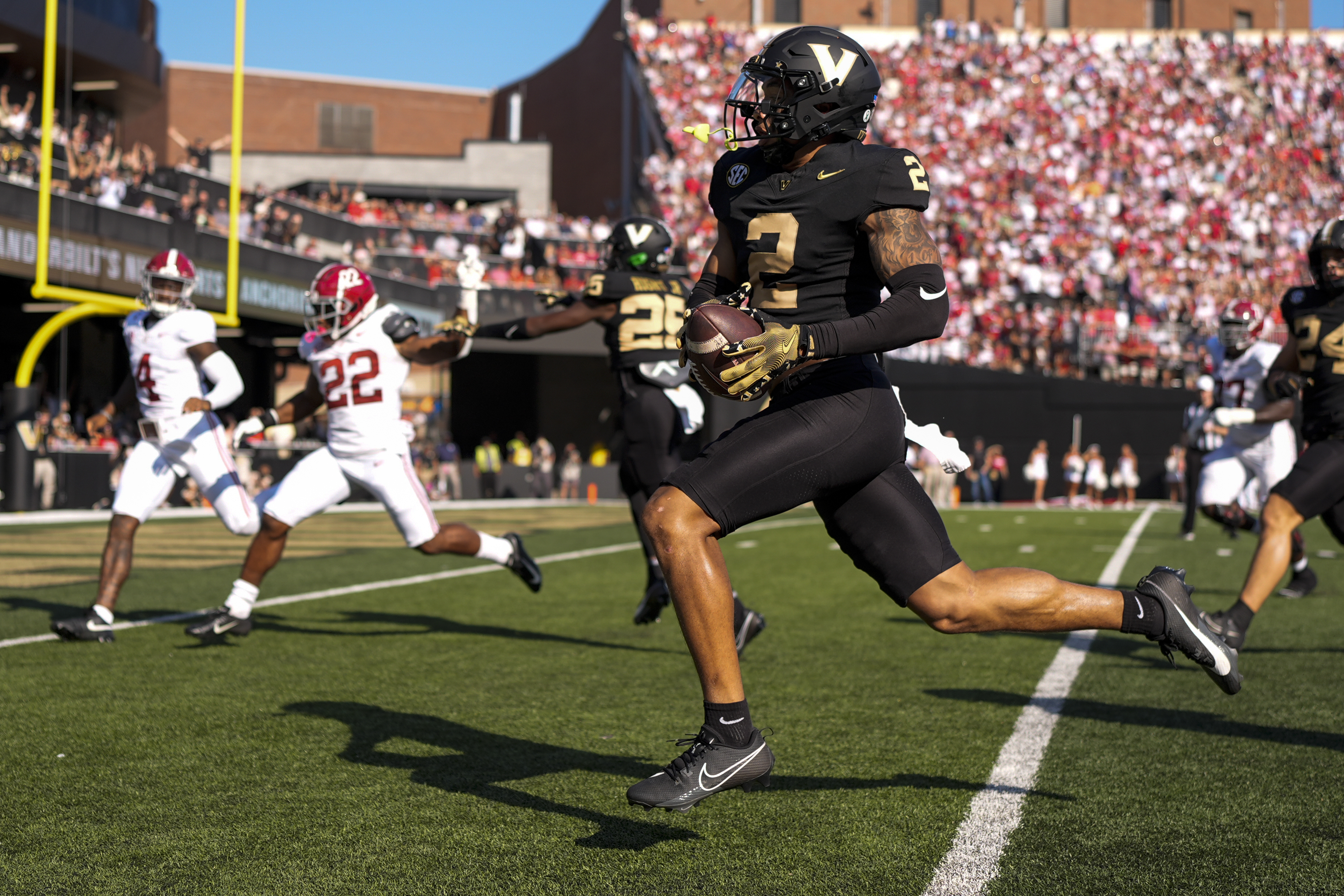 Vanderbilt linebacker Randon Fontenette (2) returns an interception for a touchdown during the first half of an NCAA college football game against Alabama, Saturday, Oct. 5, 2024, in Nashville, Tenn.