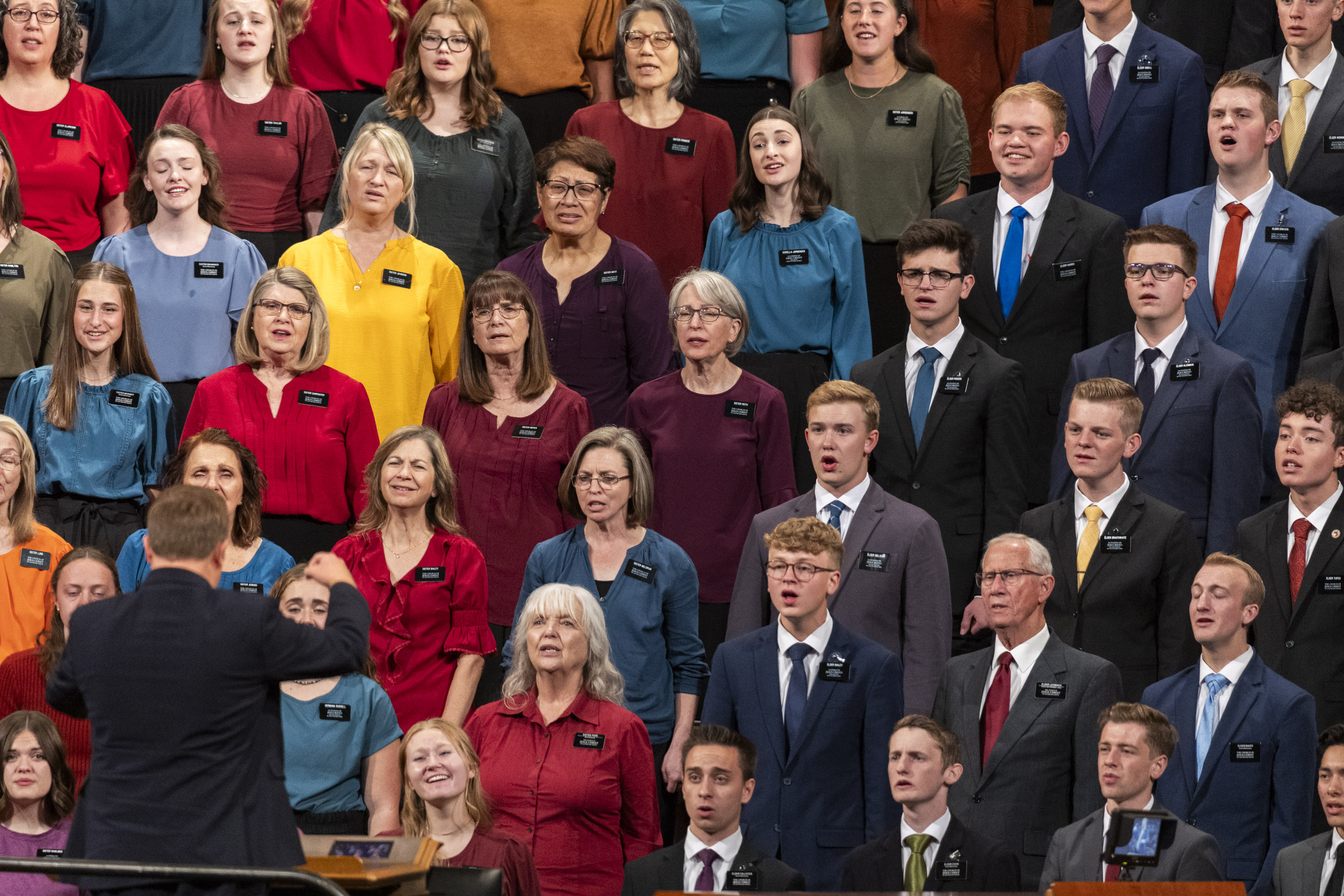 A choir of missionaries sings during the evening session of the 194th Semiannual General Conference of The Church of Jesus Christ of Latter-day Saints held at the Conference Center in Salt Lake City on Saturday.