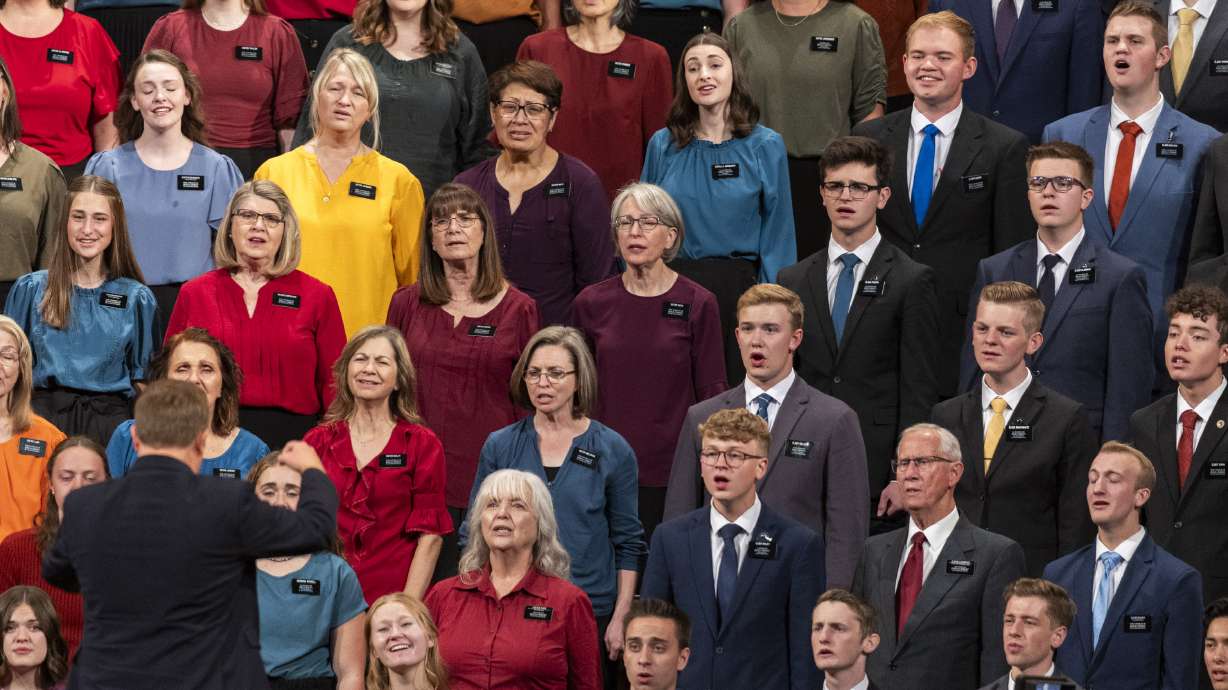 A choir of missionaries sings during the evening session of the 194th Semiannual General Conference of The Church of Jesus Christ of Latter-day Saints held at the Conference Center in Salt Lake City on Saturday.