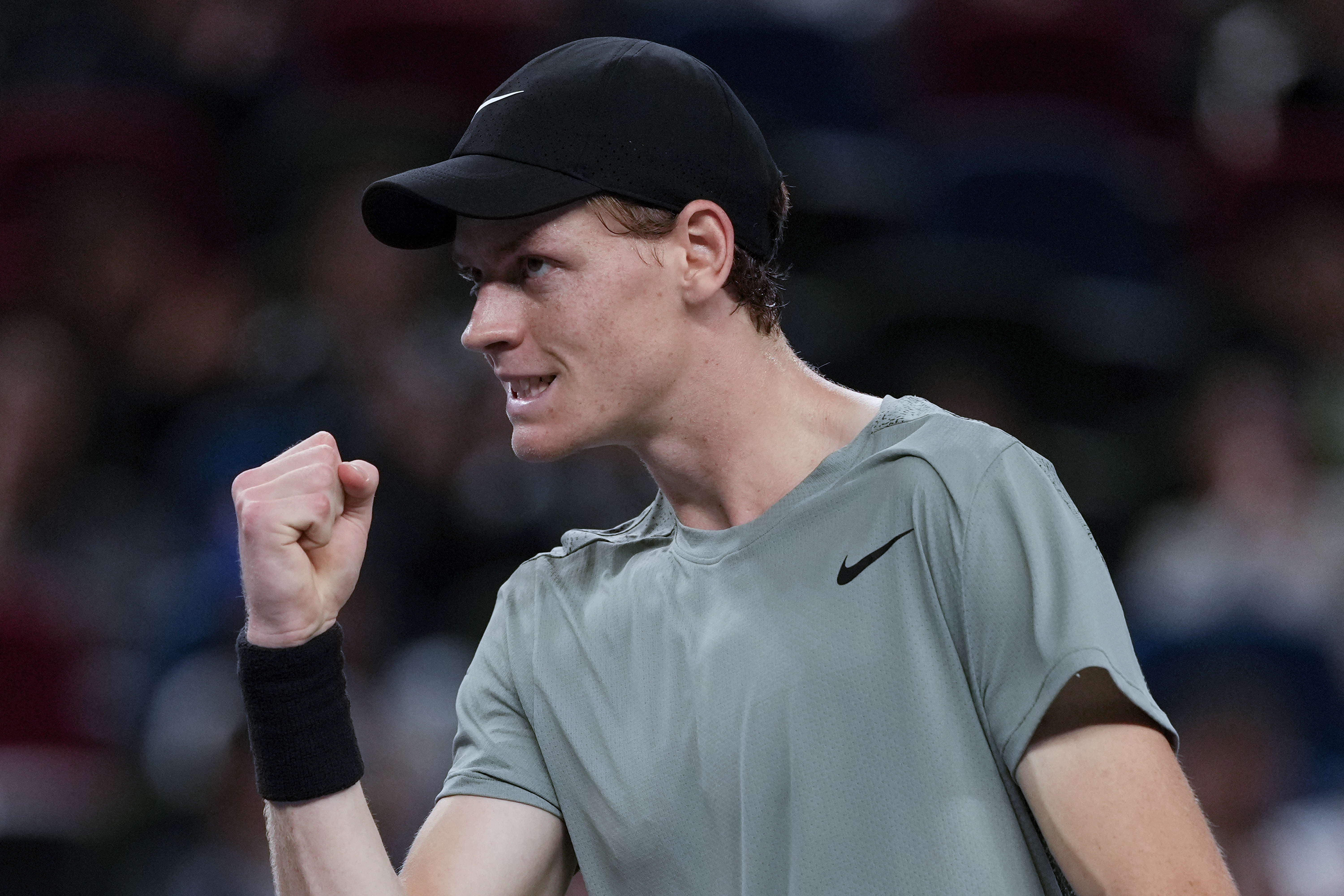 Jannik Sinner of Italy reacts during the men's singles match against Tomas Martin Etcheverry of Argentina in the Shanghai Masters tennis tournament at Qizhong Forest Sports City Tennis Center in Shanghai, China, Sunday, Oct. 6, 2024.
