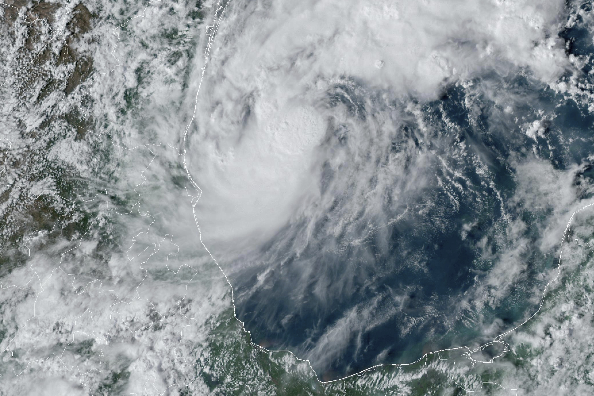 This GOES-16 GeoColor satellite image taken at 4:50 p.m. EDT shows Tropical Storm Milton, center, off the coast of Mexico in the Gulf of Mexico, Saturday.