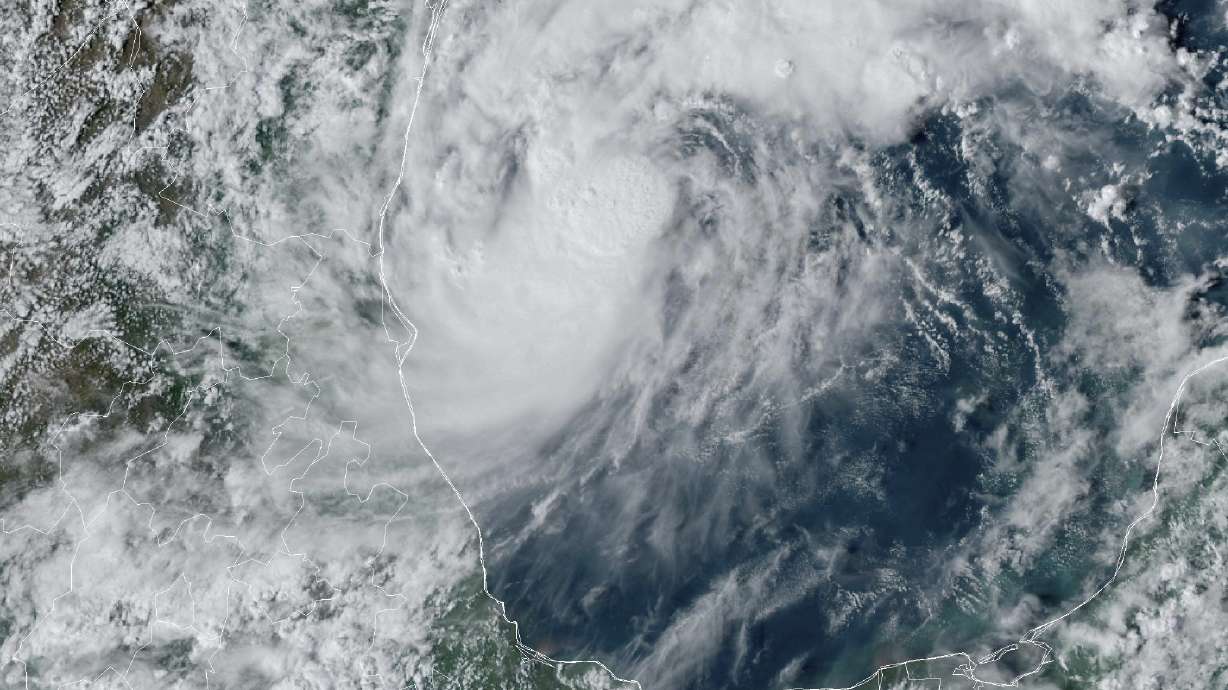 This GOES-16 GeoColor satellite image taken at 4:50 p.m. EDT shows Tropical Storm Milton, center, off the coast of Mexico in the Gulf of Mexico, Saturday.