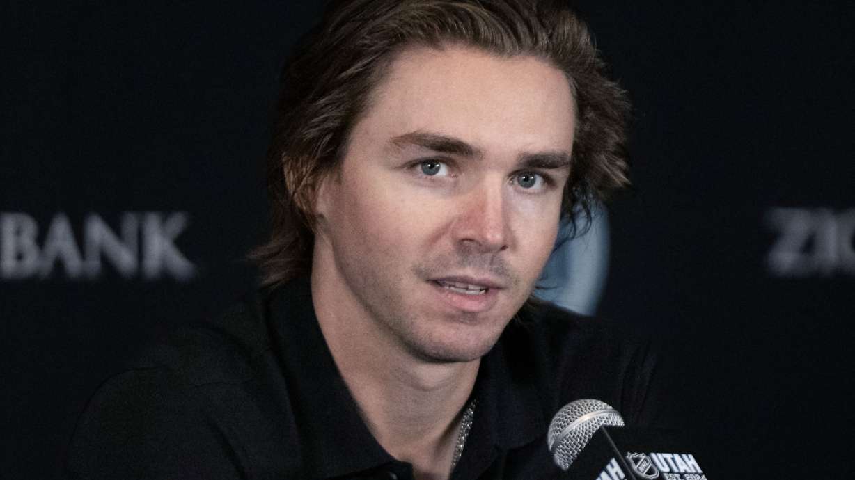 Utah Hockey Club player Clayton Keller speaks to the media at the Delta Center in Salt Lake City on Wednesday, Sept. 18, 2024.