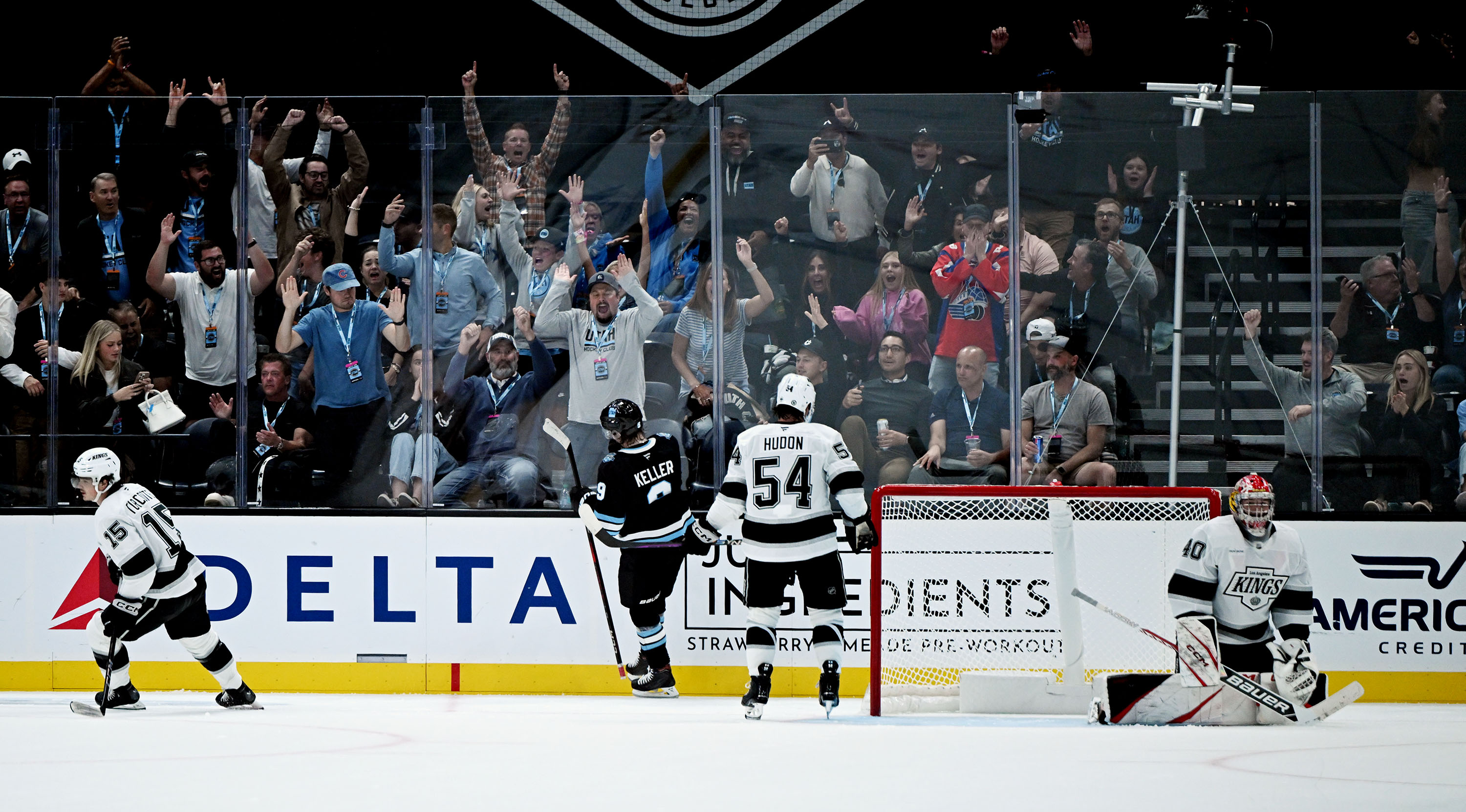 Fans go crazy as Utah Hockey Club forward Clayton Keller (9) scores in overtime as Utah opens its inaugural season against the Los Angeles Kings at the Delta Center on September 23, 2024 in Salt Lake City. Utah won 3-2 in overtime.