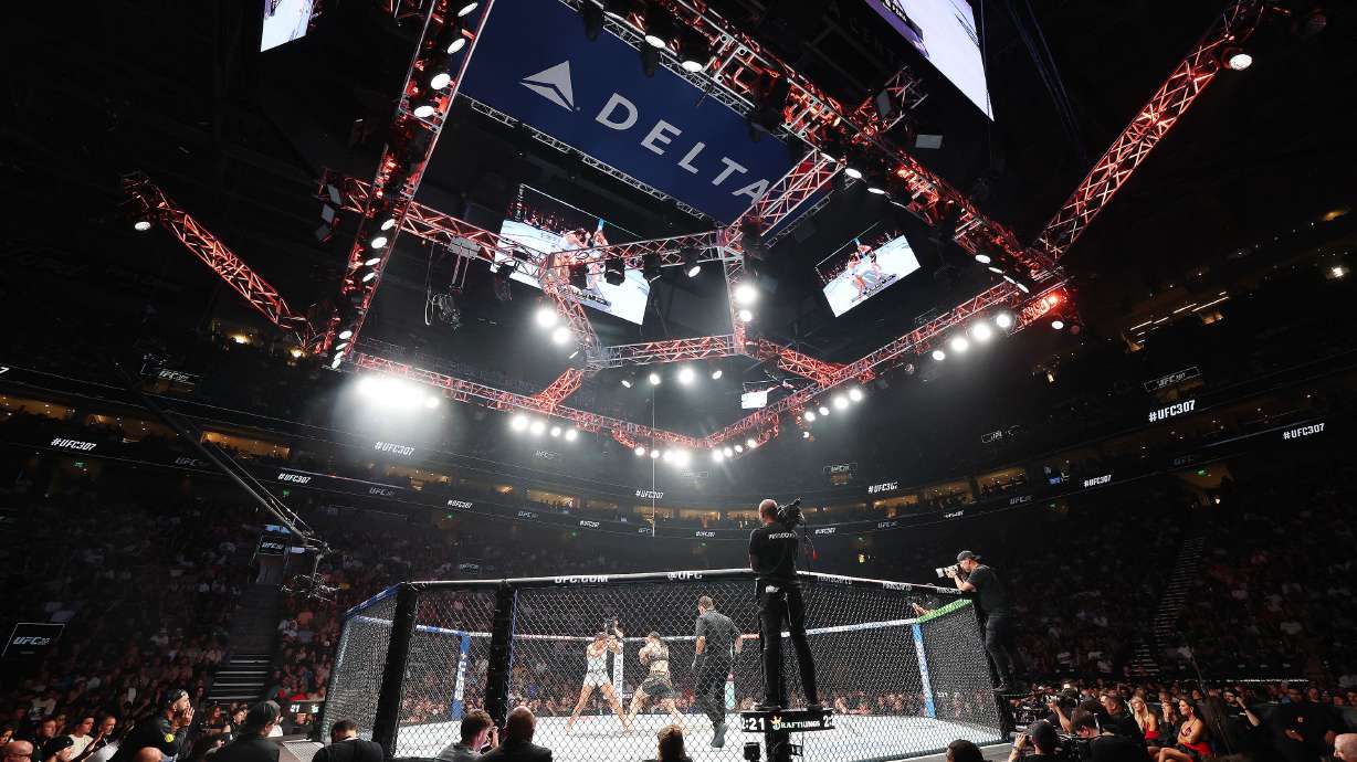 Fighters during Ultimate Fighting Championship at the Delta Center in Salt Lake City on Saturday, Oct. 5, 2024.