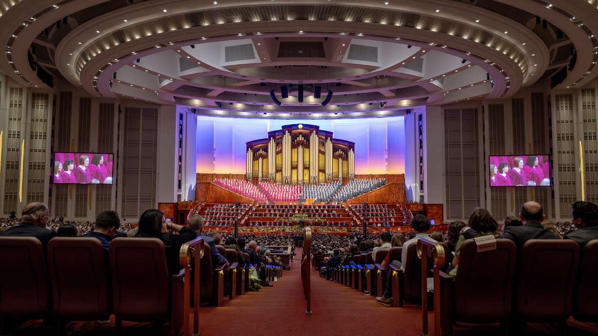 The Tabernacle Choir at Temple Square sings during the Sunday morning session of the 194th Semiannual General Conference of The Church of Jesus Christ of Latter-day Saints at the Conference Center in Salt Lake City on Sunday.