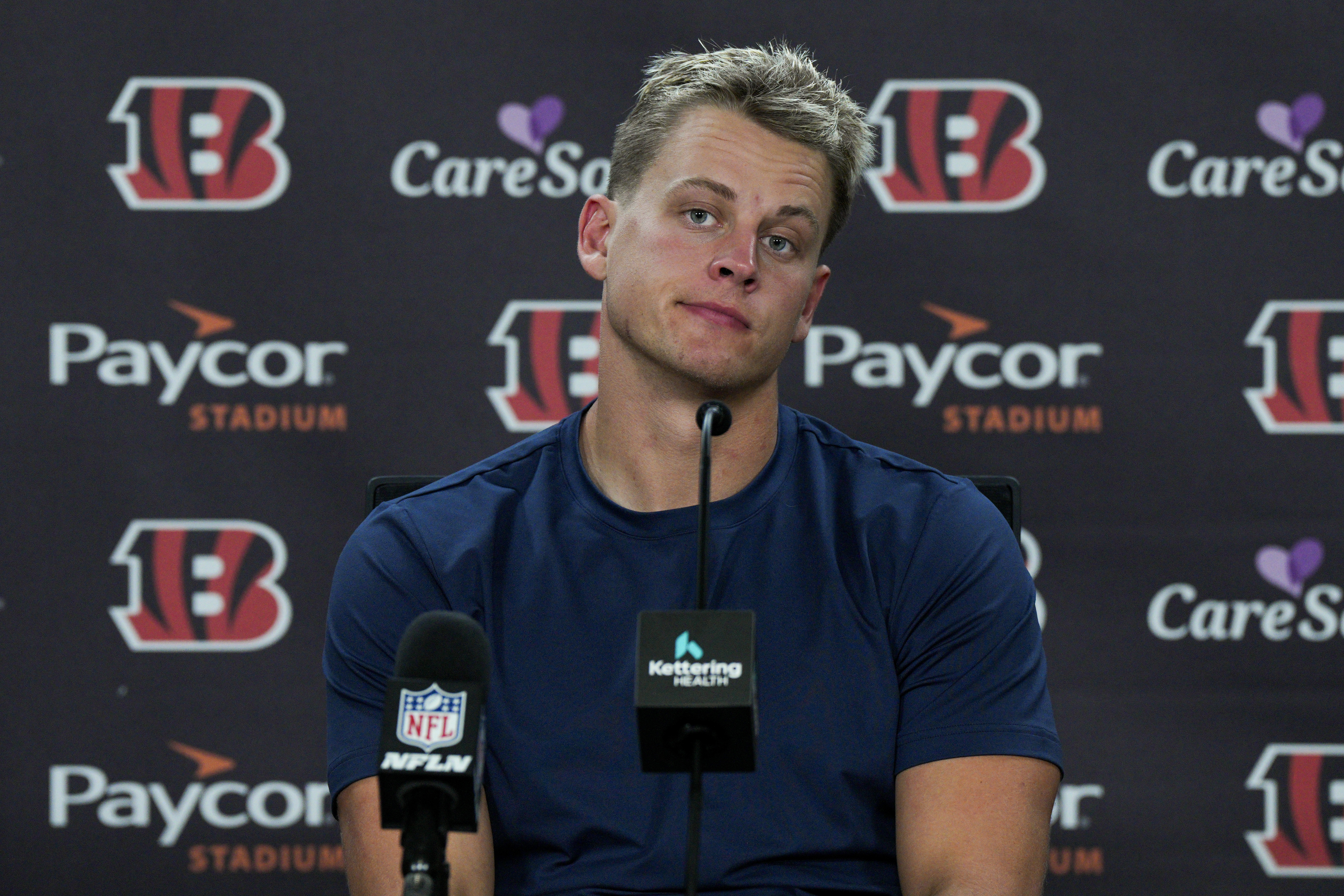 Cincinnati Bengals quarterback Joe Burrow speaks to reporters following an NFL football game against the Baltimore Ravens, Sunday, Oct. 6, 2024, in Cincinnati. The Ravens won 41-38 in overtime.