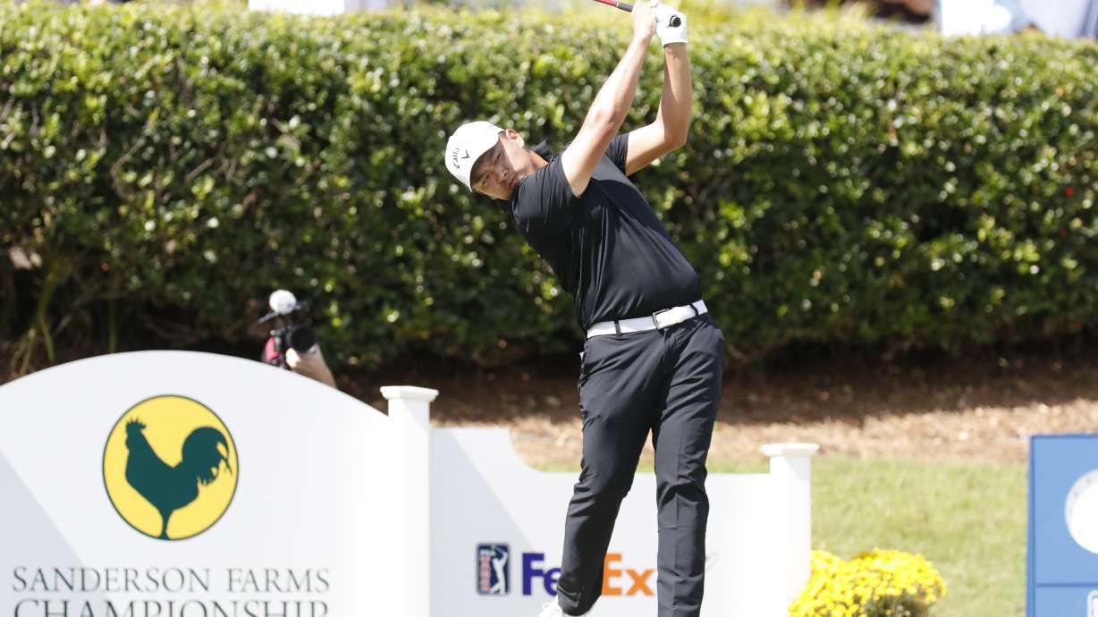 Kevin Yu watches his ball after teeing off from the first hole during the fourth round of the 2024 Sanderson Farms Championship at the Country Club of Jackson on Oct. 06, 2024, in Jackson, Miss. .