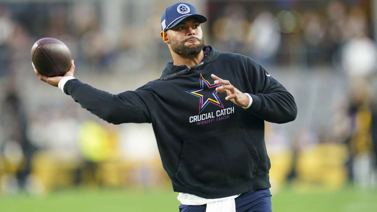 Dallas Cowboys quarterback Dak Prescott works out prior to an NFL football game against the Pittsburgh Steelers, Sunday, Oct. 6, 2024, in Pittsburgh.