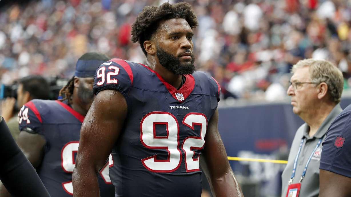 FILE - Houston Texans defensive end Dylan Horton (92) looks on during an NFL preseason football game against the Miami Dolphins, Aug. 19, 2023, in Houston.