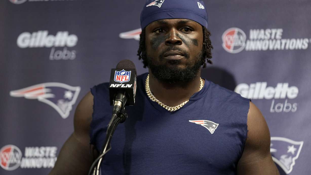 FILE - New England Patriots safety Jabrill Peppers answers questions during a news conference after playing against the New York Jets in an NFL football game, Sept. 19, 2024, in East Rutherford, N.J.